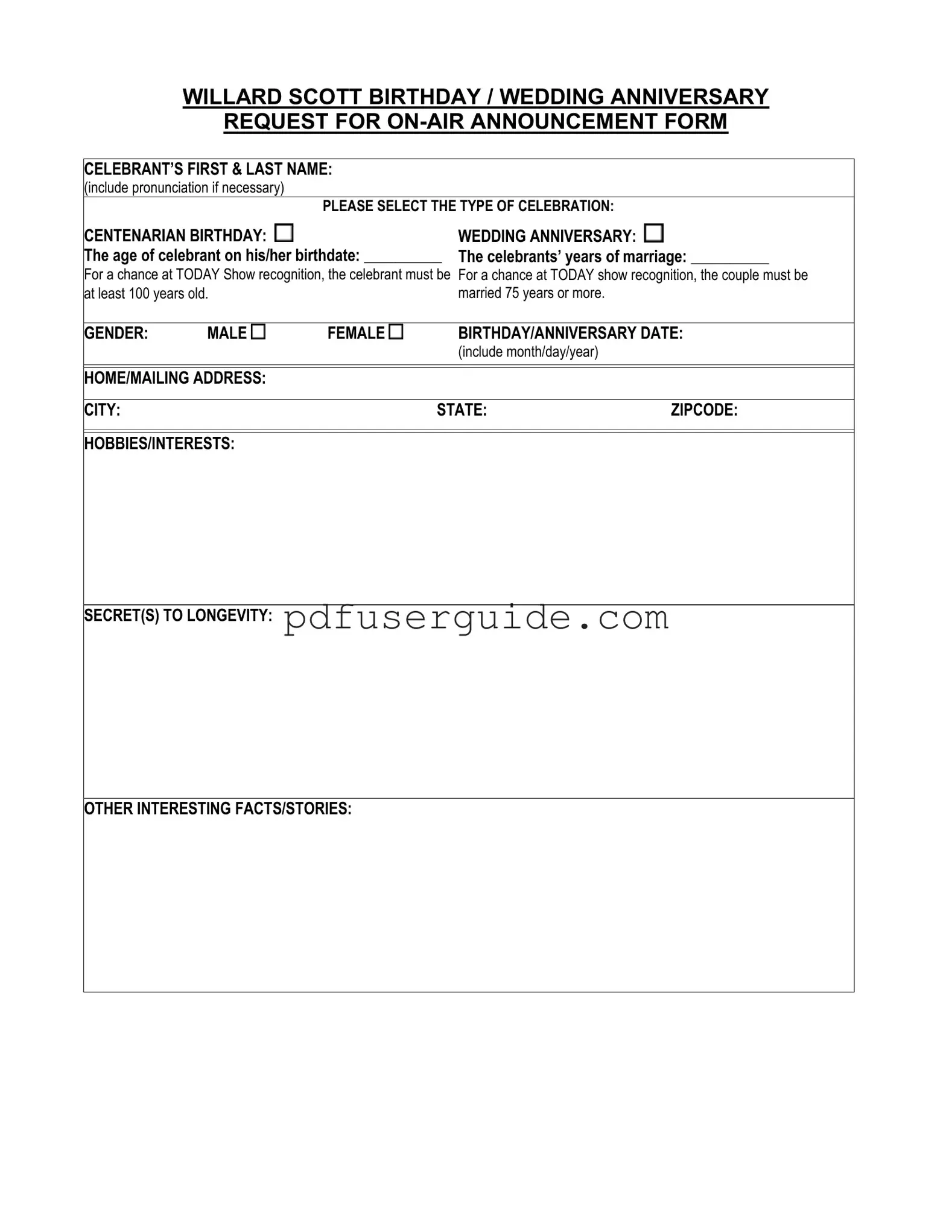 Free 100Th Birthday Form in PDF