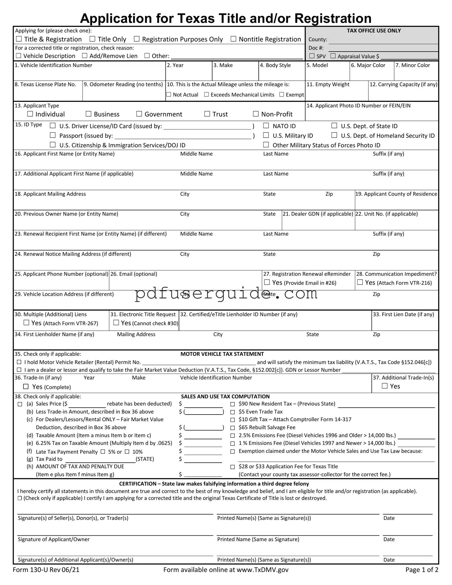 Free 130U Form in PDF