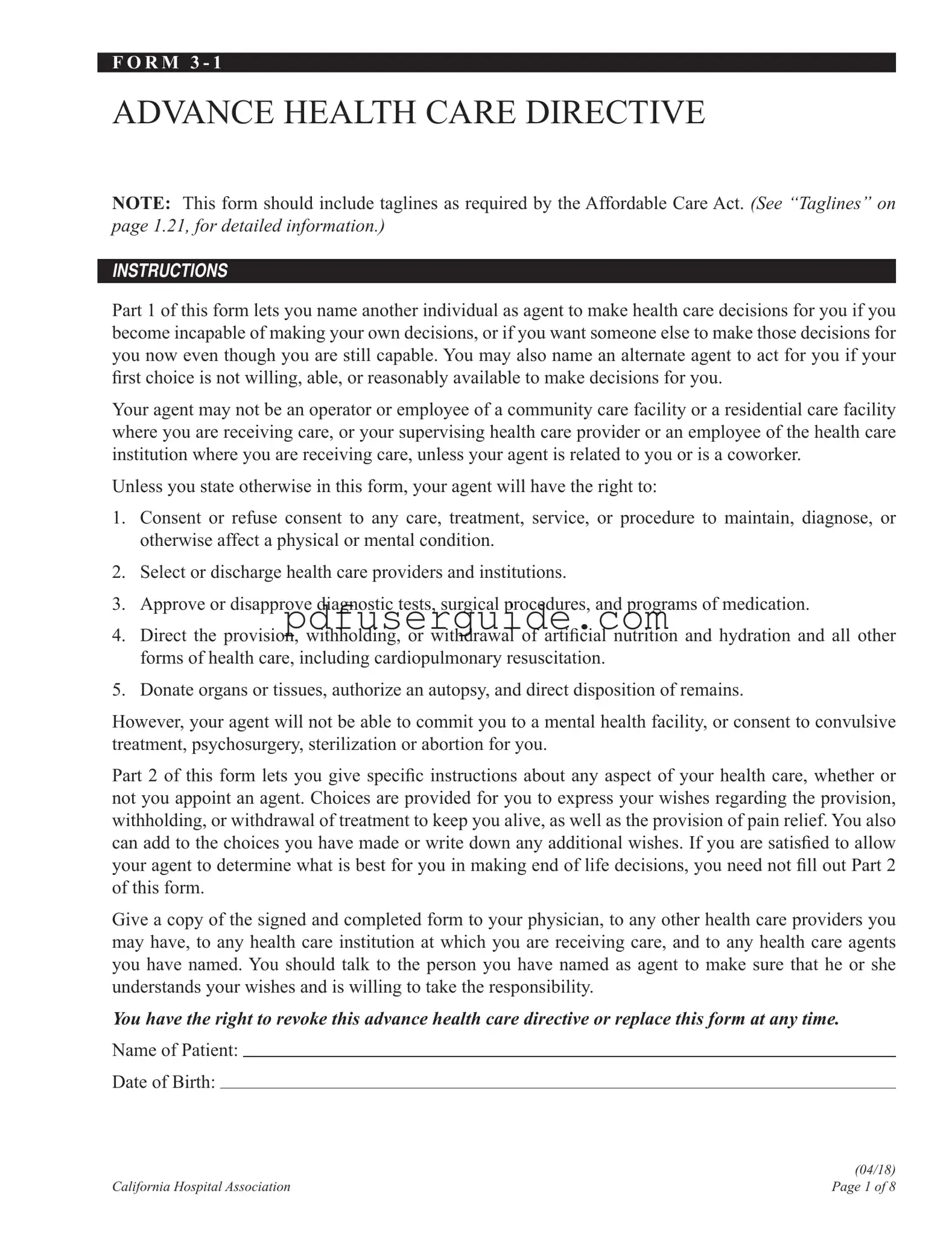 Free 3 1 Health Care Directive Form in PDF