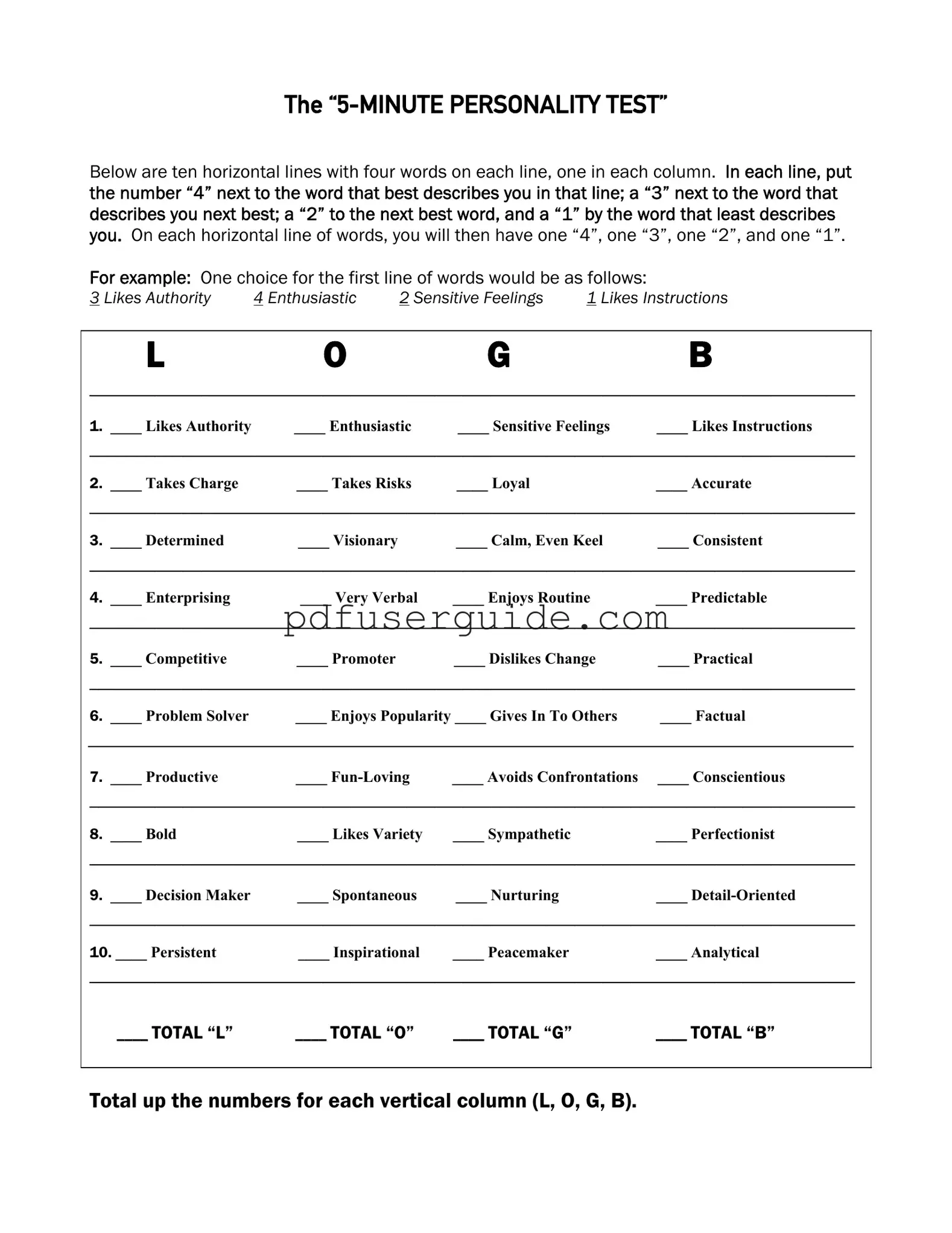 Free 5 Minute Personality Test Form in PDF