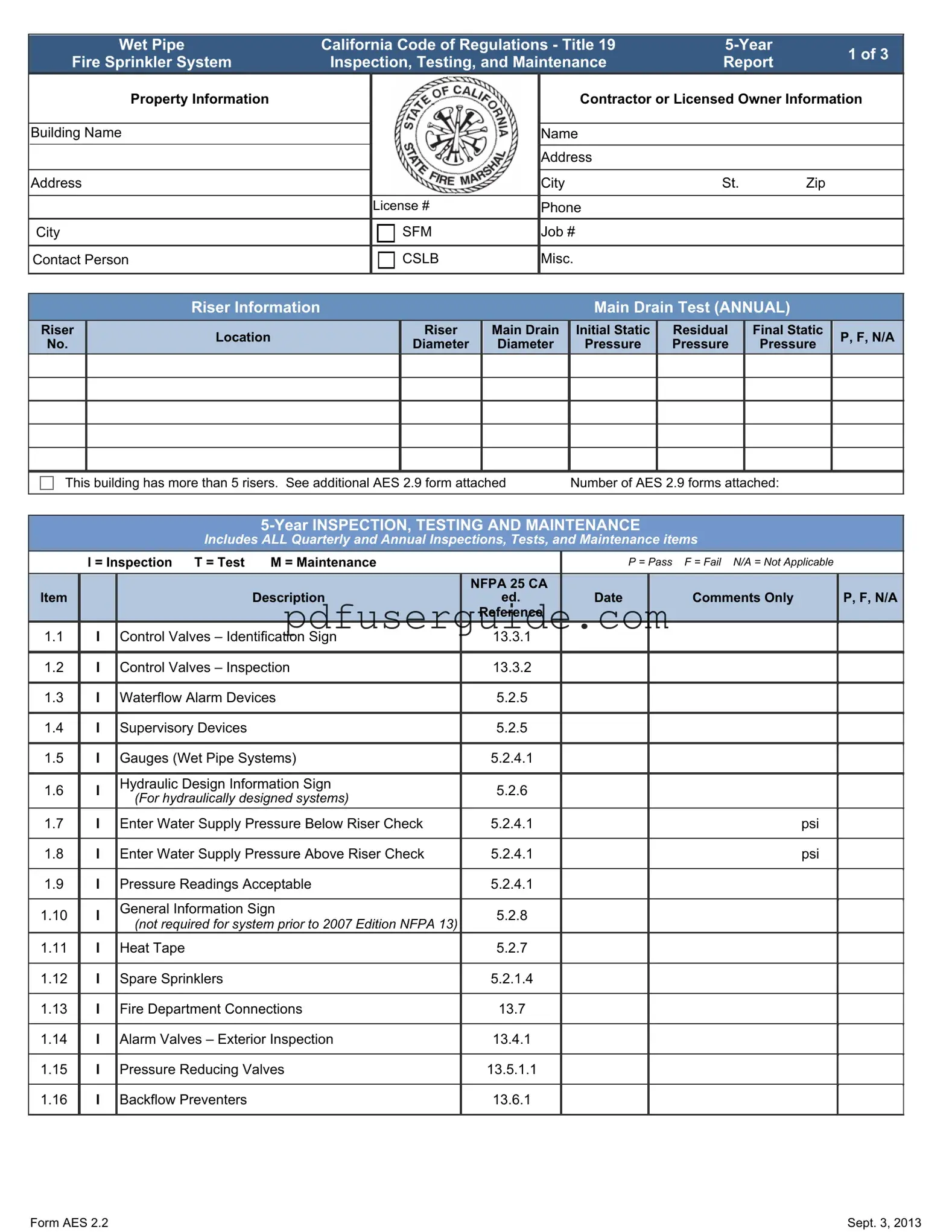 Free 5 Year Fire Sprinkler Inspection Form in PDF