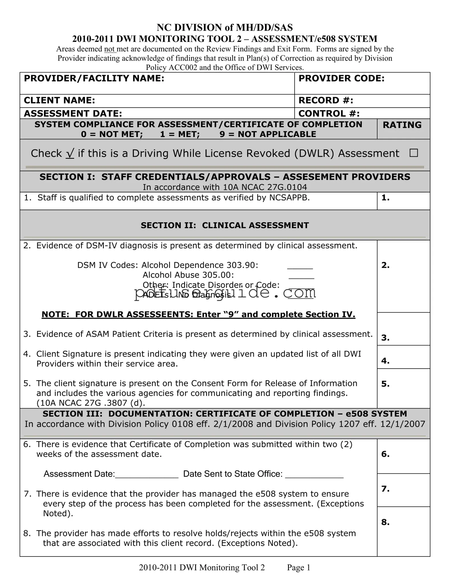 Free 508 From Nc Dwi Services Form in PDF