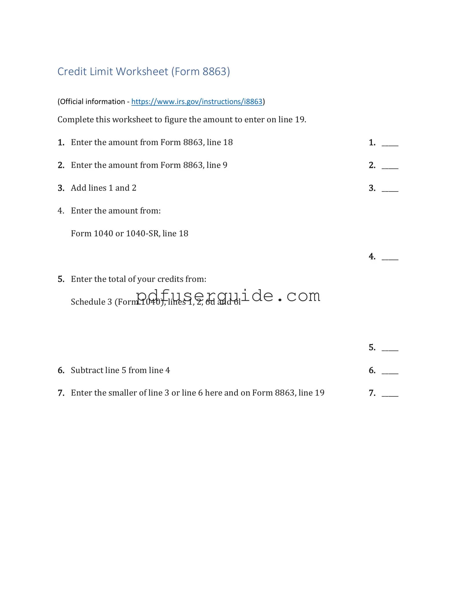 Free 8863 Credit Limit Worksheet Form in PDF