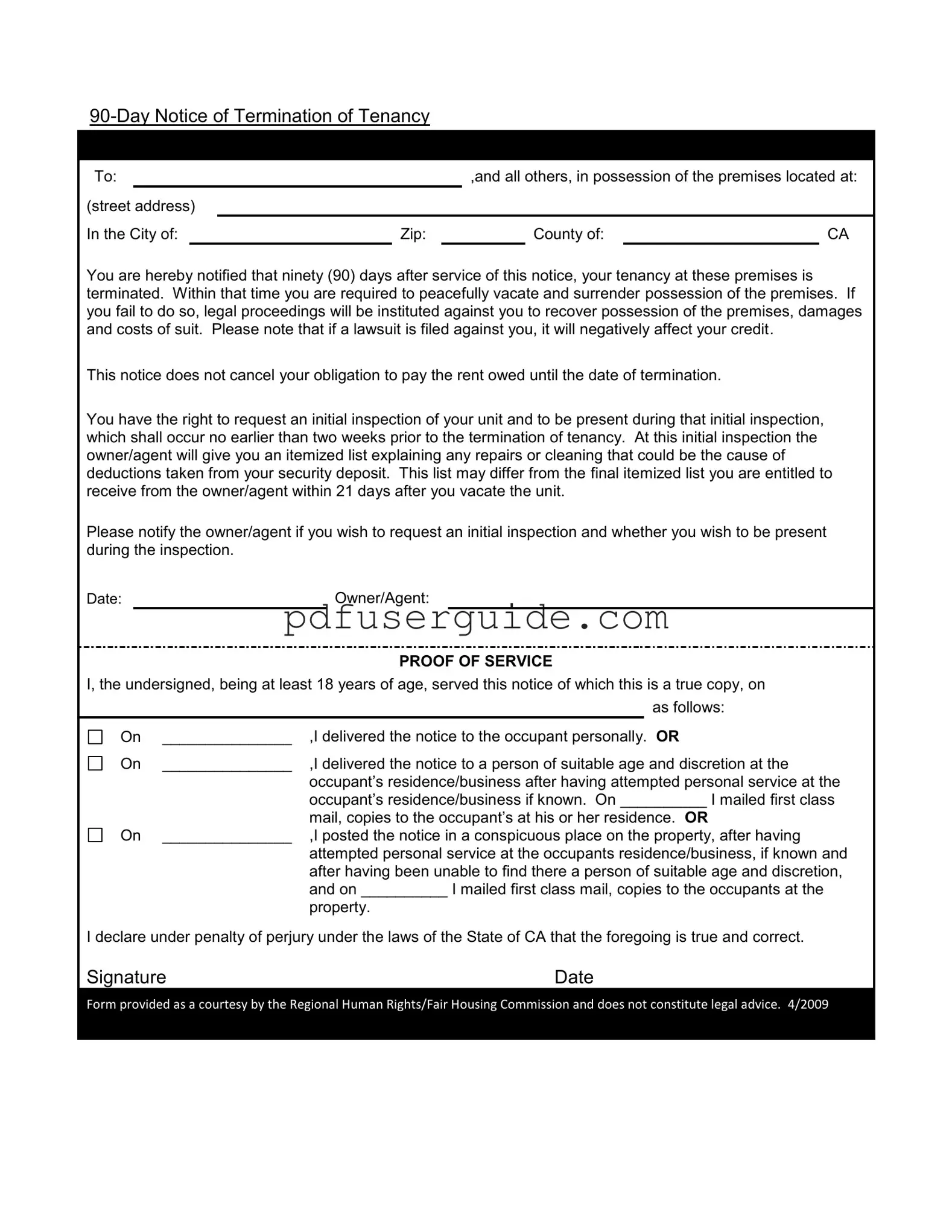 Free 90 Day Notice To Move Out Form in PDF