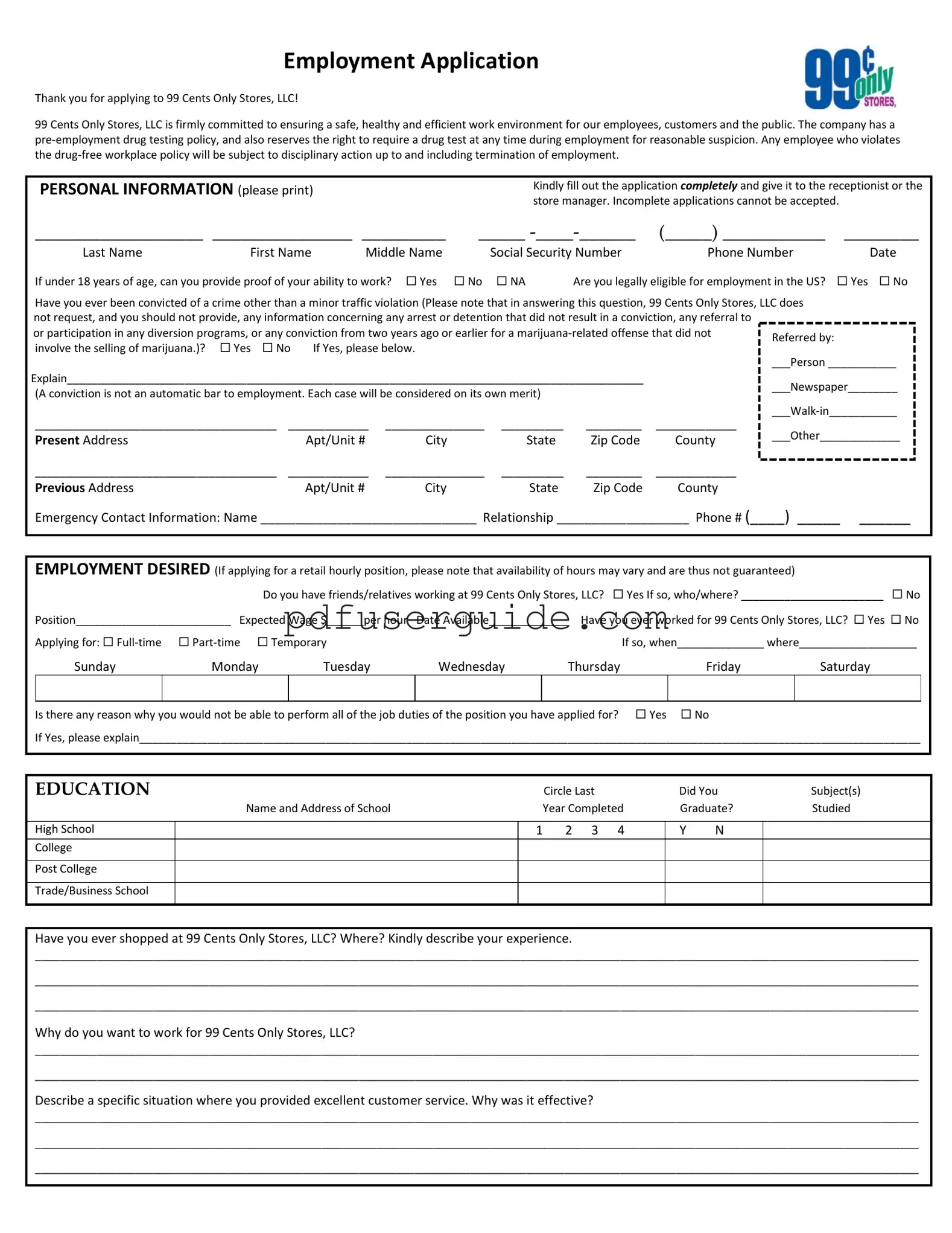Free 99 Cent Job Application Form in PDF