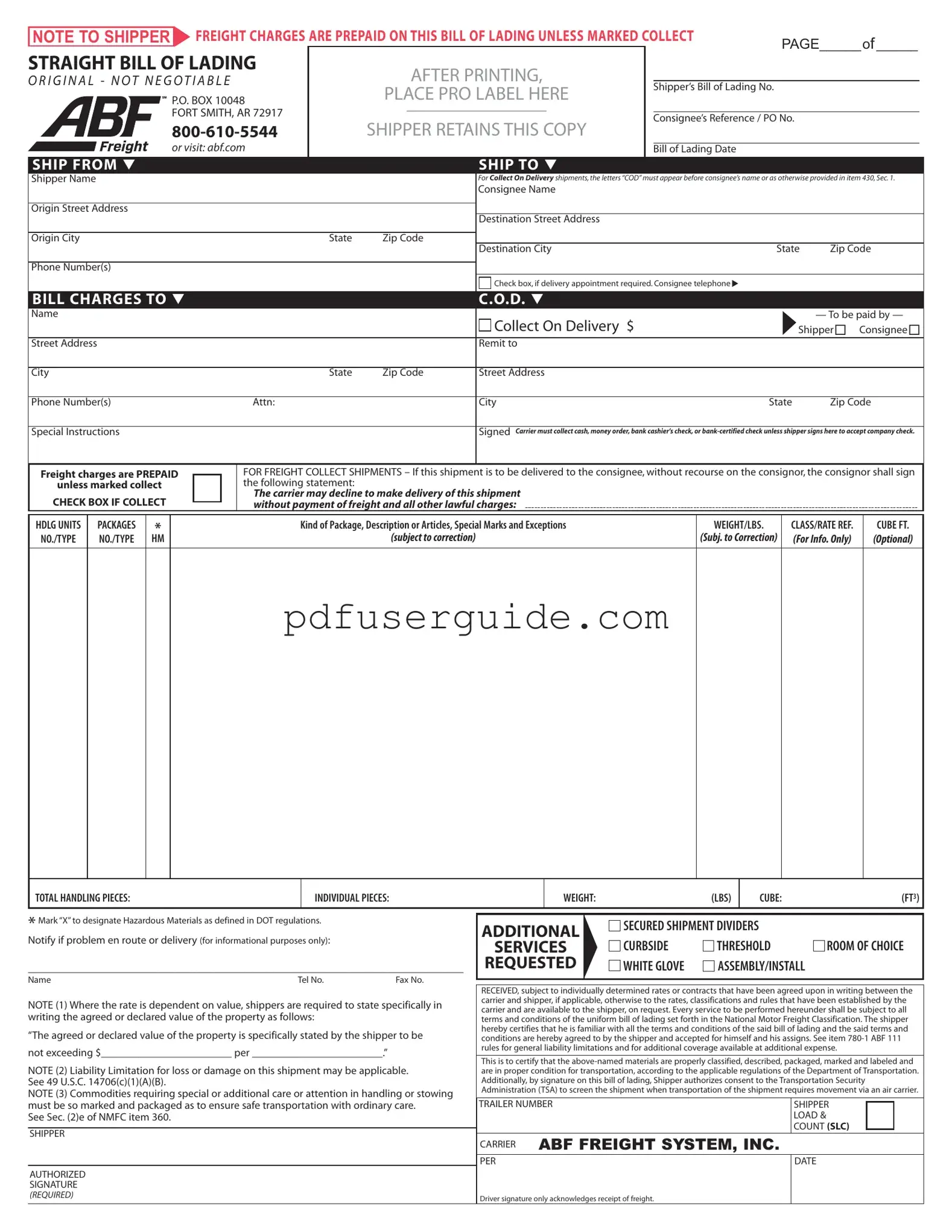 Free Abf Freight Bill Of Lading Form in PDF