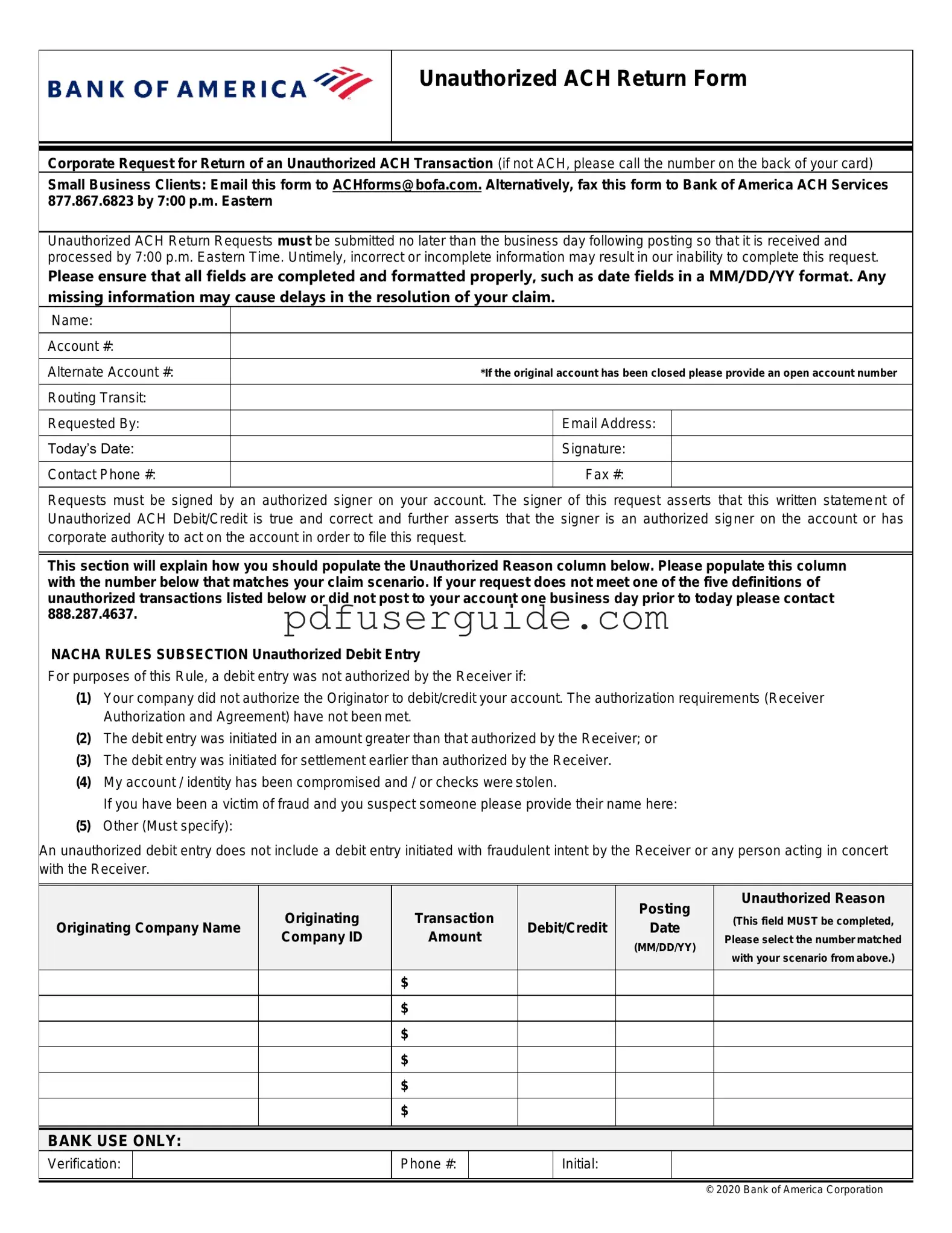 Free Ach Transfer Bank Of America Form in PDF