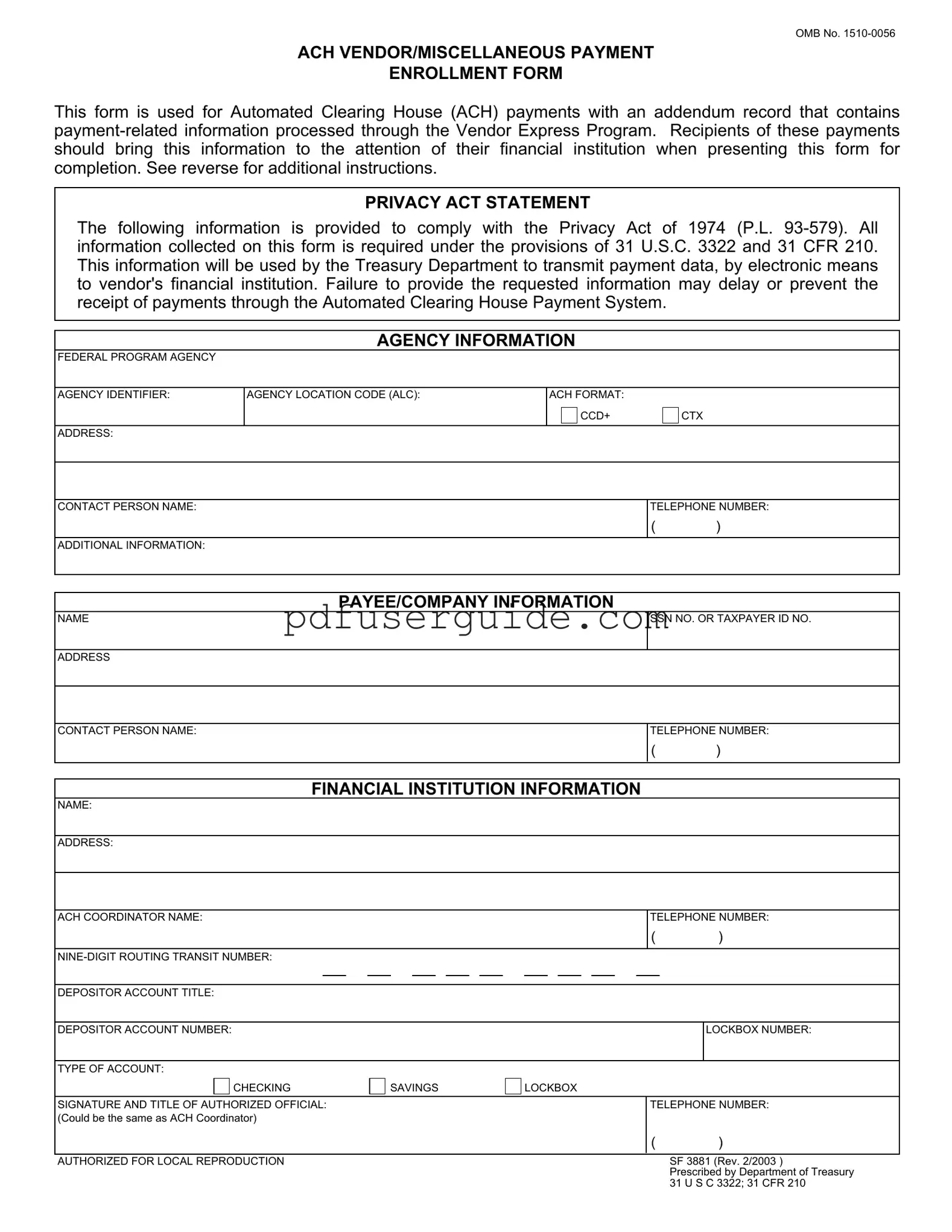 Free Ach Vendor Payment Form in PDF