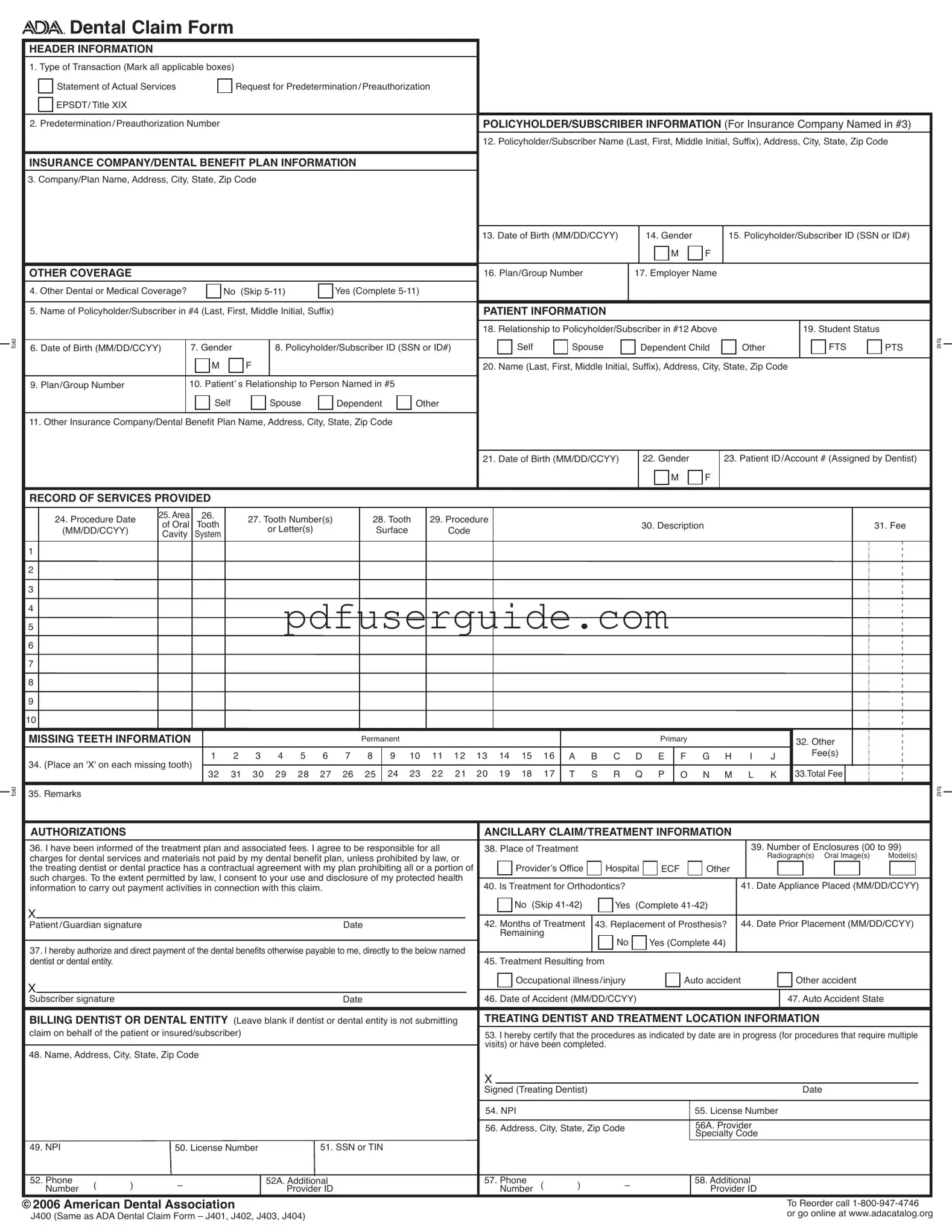Free Ada Dental Claim Form in PDF
