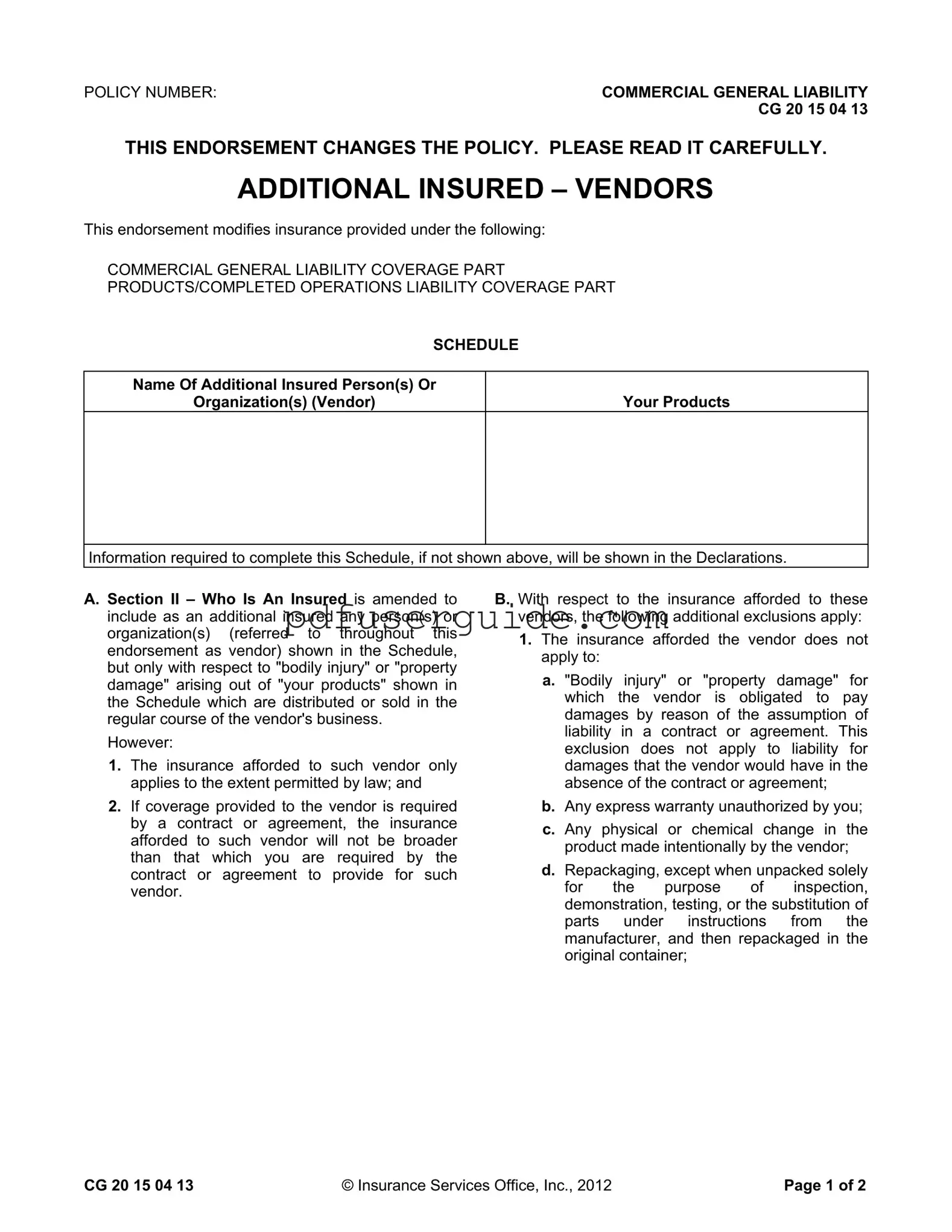 Free Additional Insured Vendors Form in PDF