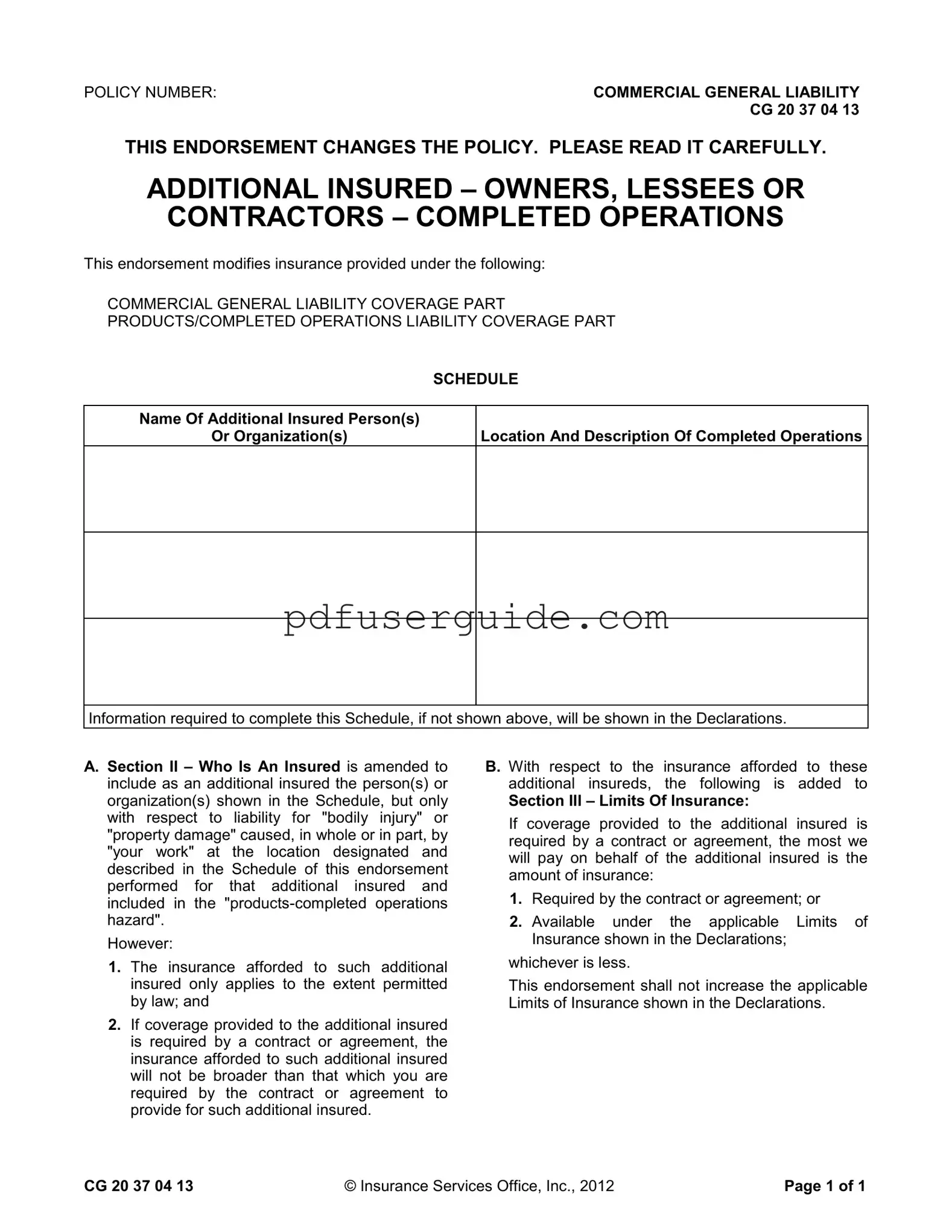 Free Additional Insured Form in PDF