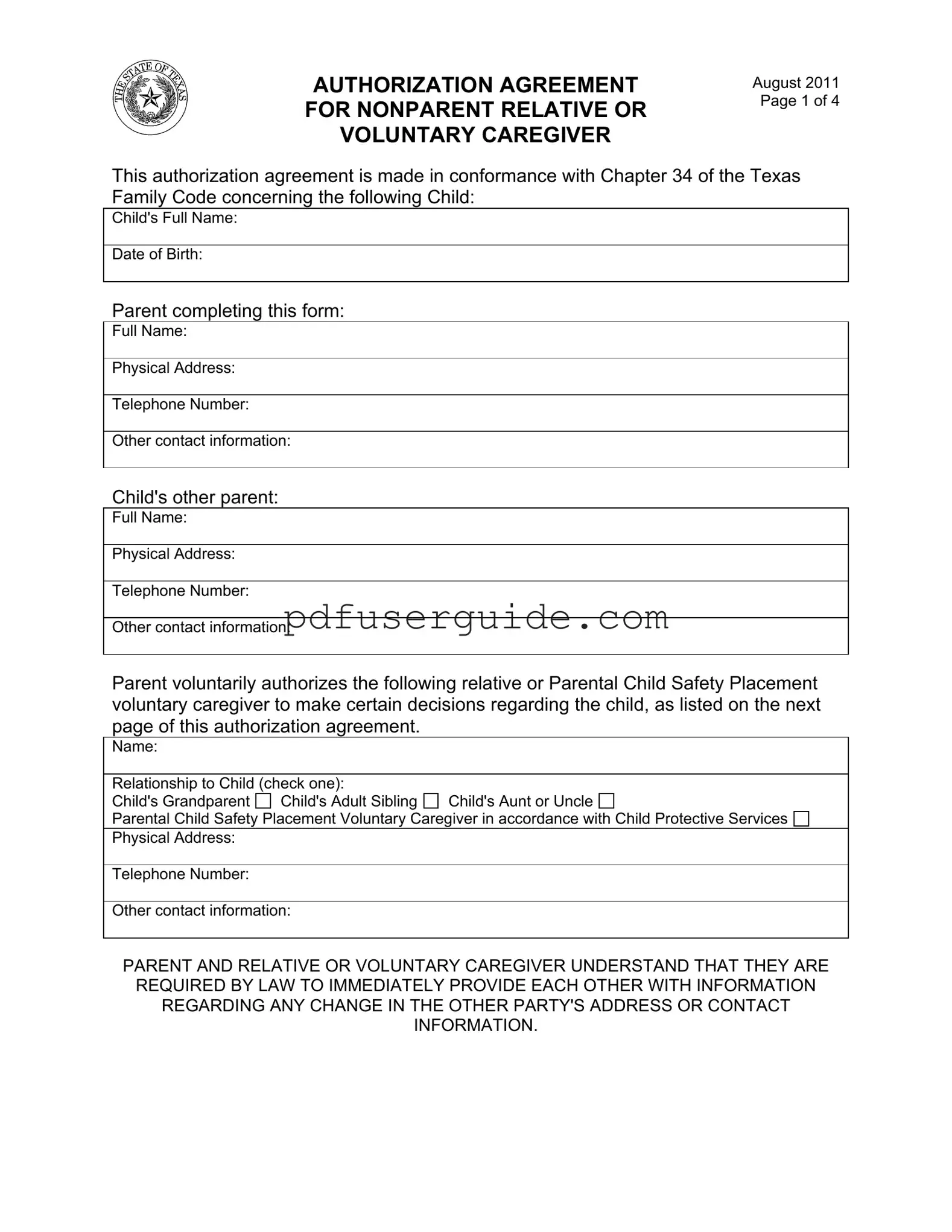 Free Agreement Nonparent Relative Caregiver Form in PDF