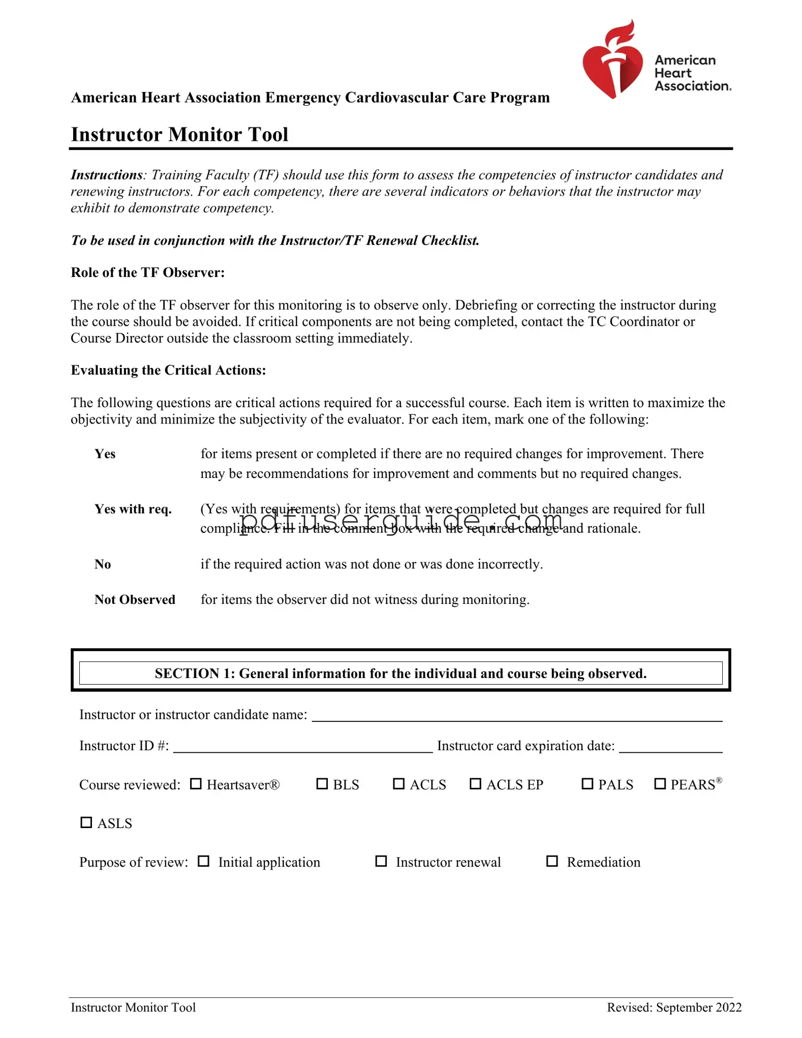 Free Aha Instructor Monitor Form in PDF