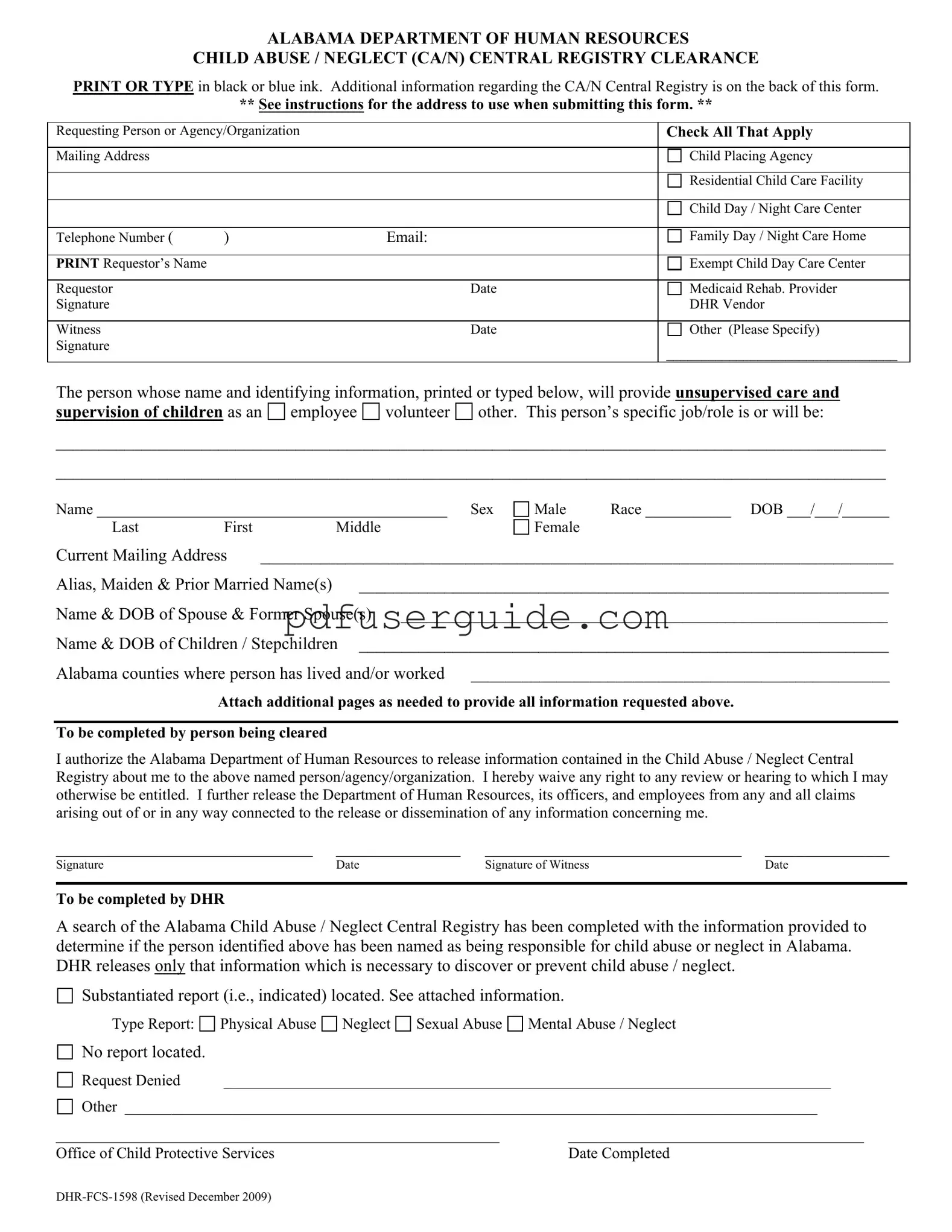 Free Alabama Central Registry Clearance Form in PDF