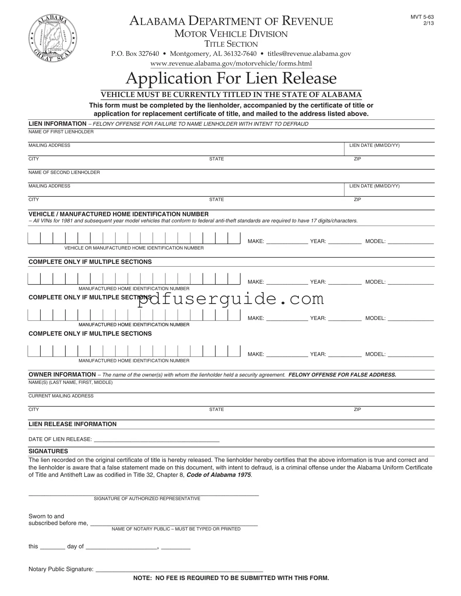 Free Alabama Mvt 5 63 Form in PDF