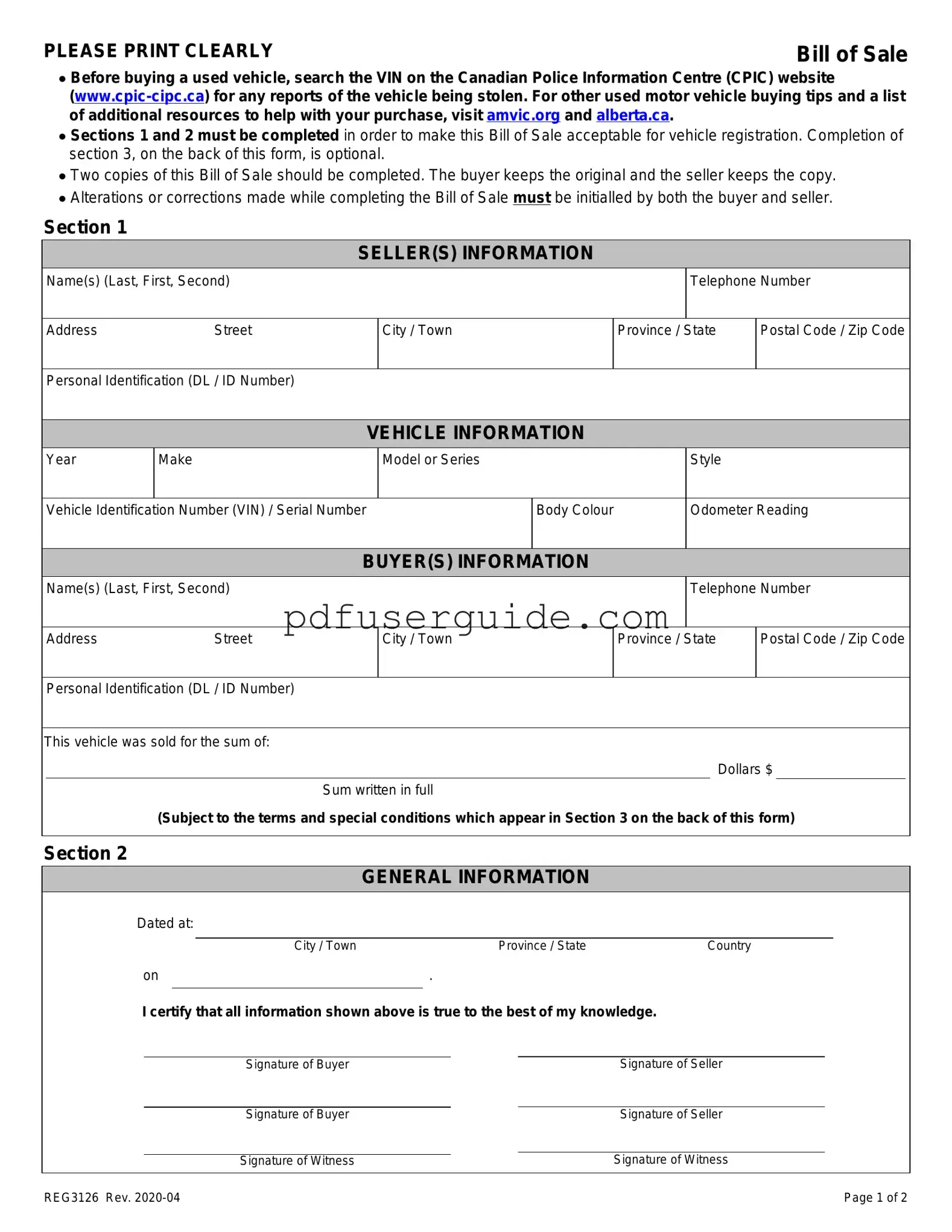 Free Alberta Bill Sale Form in PDF