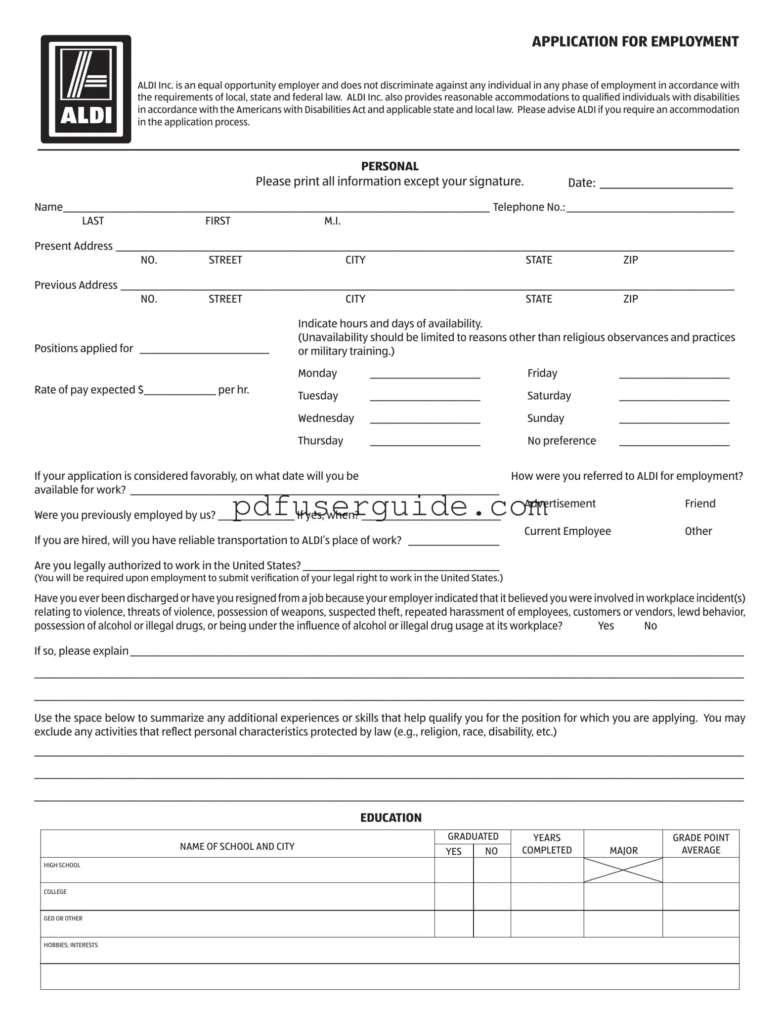 Free Aldi Application Form in PDF