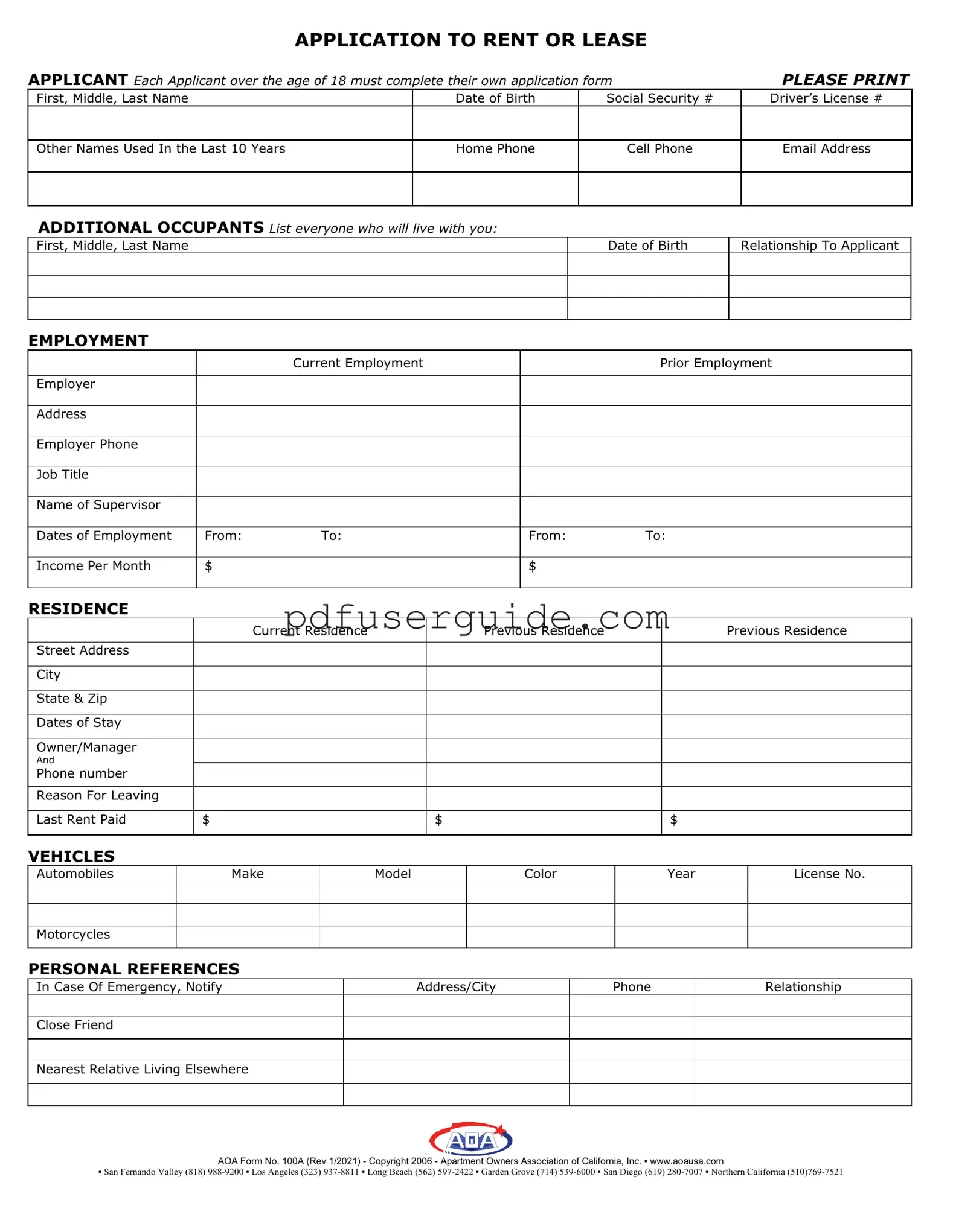 Free Aoa 100A Form in PDF