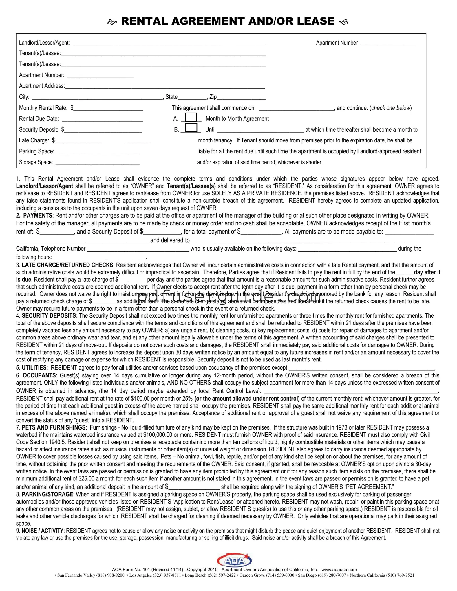 Free Aoa Rental Agreement Form in PDF