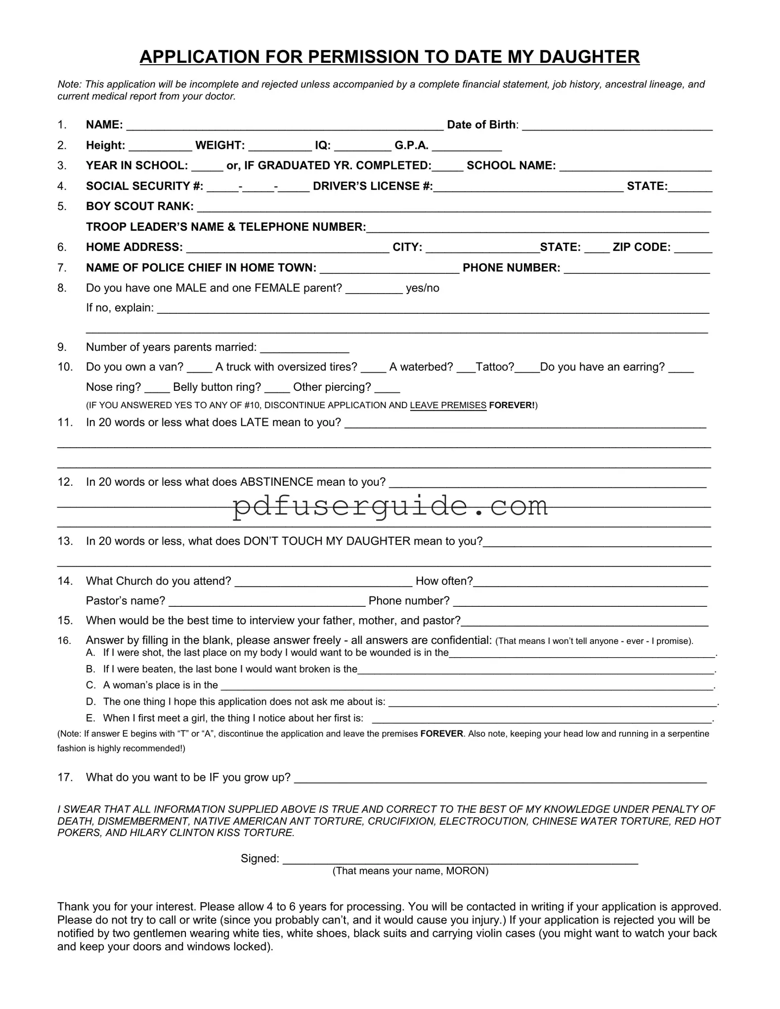 Free Application Date Daughter Form in PDF