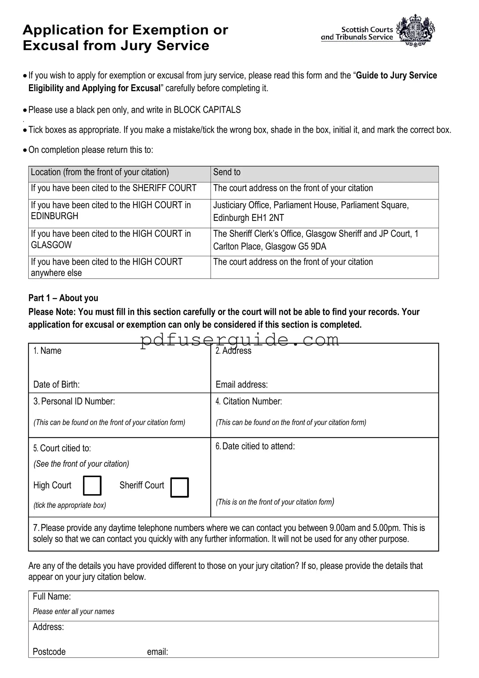 Free Application For Exemption Or Excusal From Jury Service Form in PDF