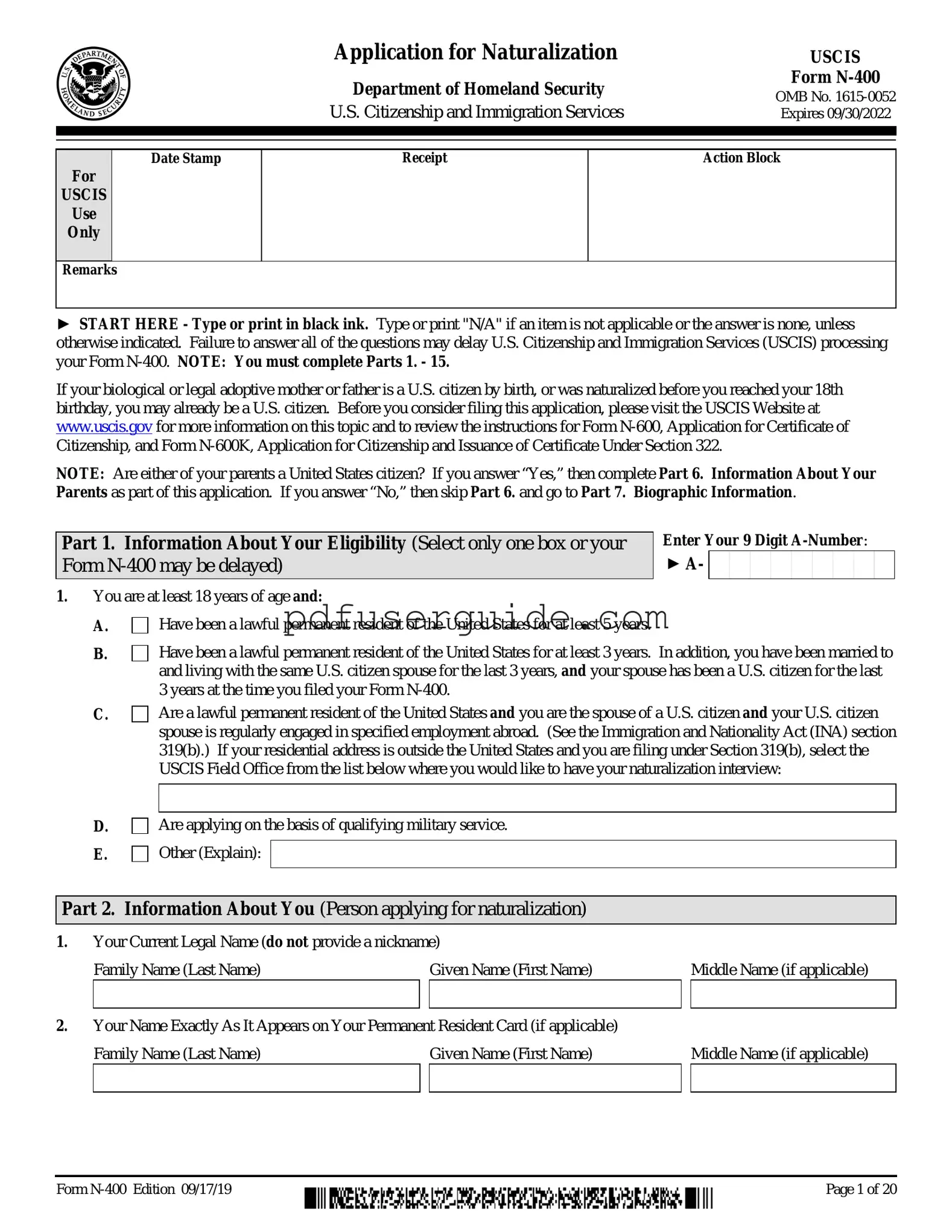 Free USCIS N-400 Form in PDF