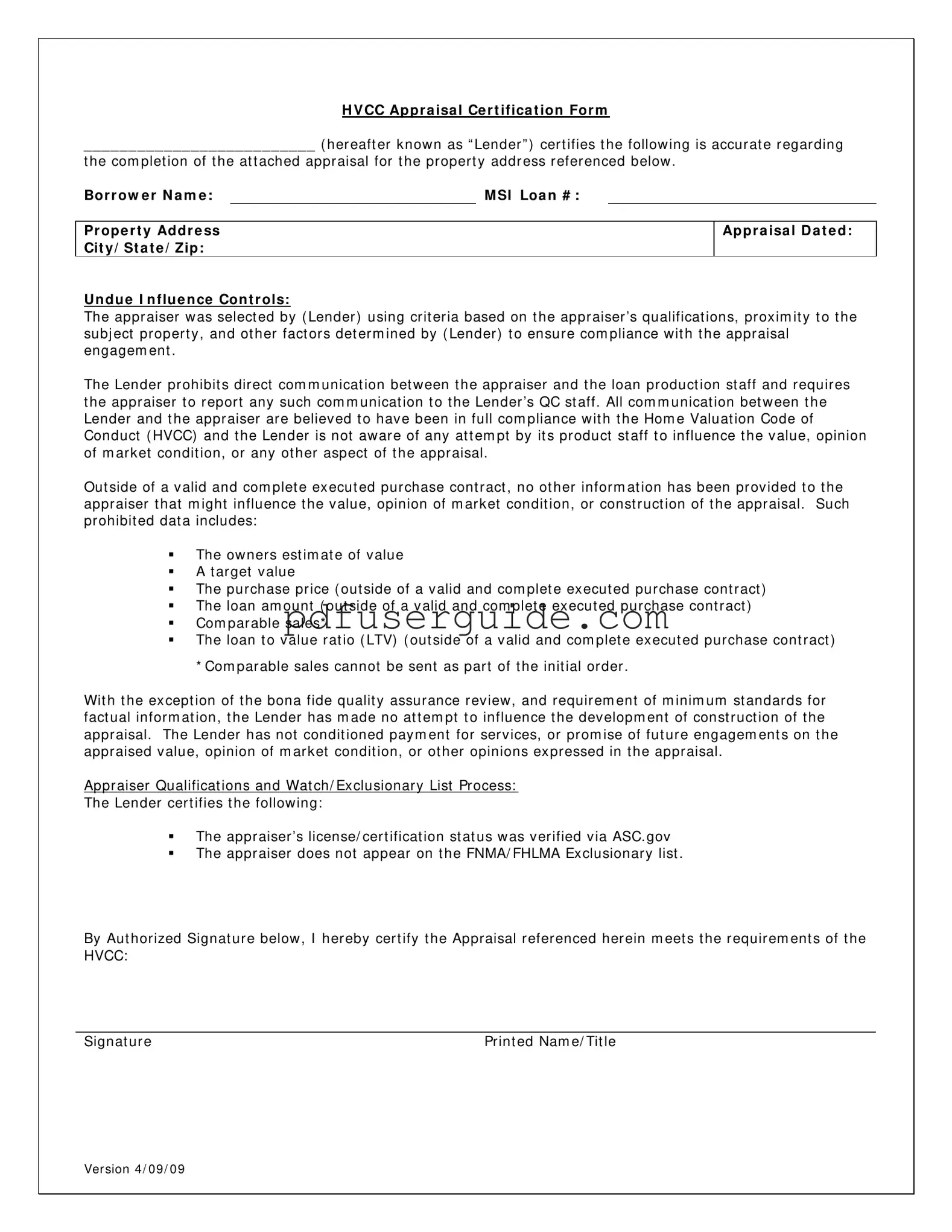 Free Appraisal Hvcc Form in PDF