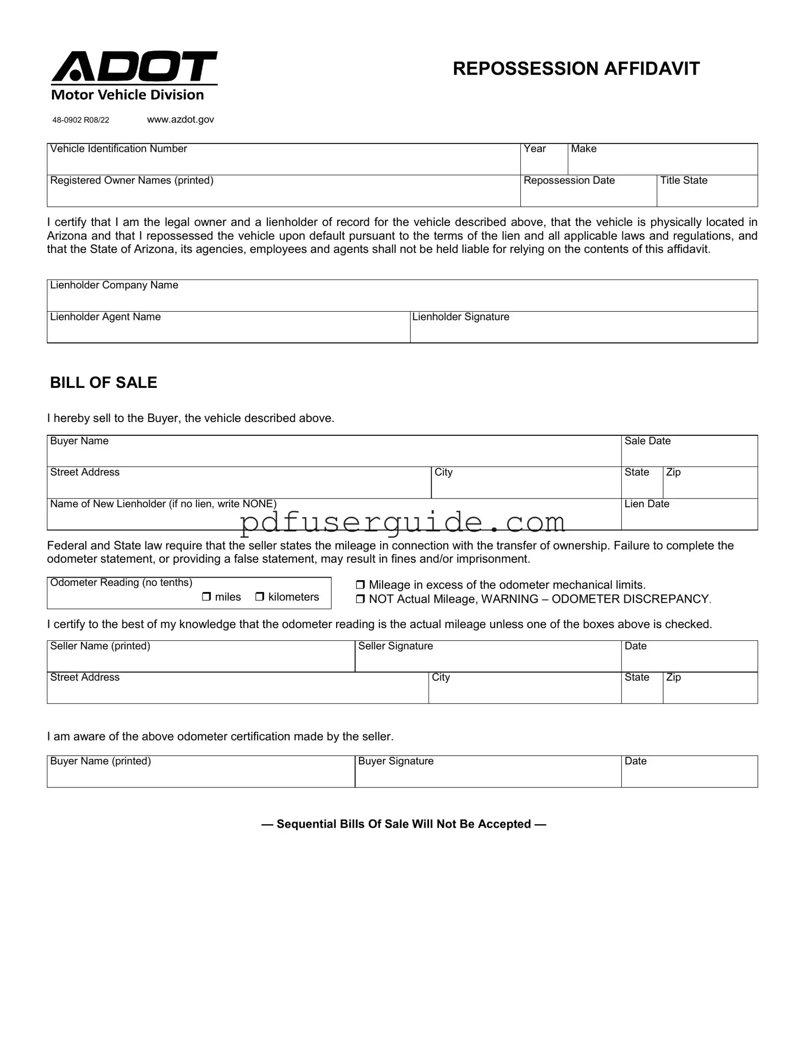 Free Arizona Repossession Affidavit Form in PDF