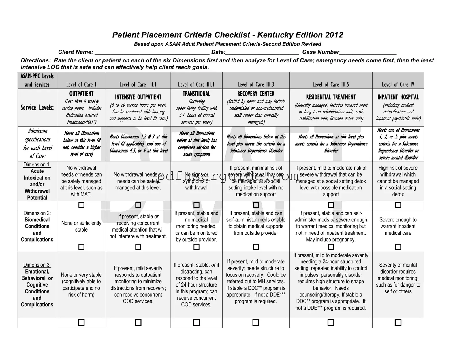 Free Asam Level Of Care Cheat Sheet Form in PDF