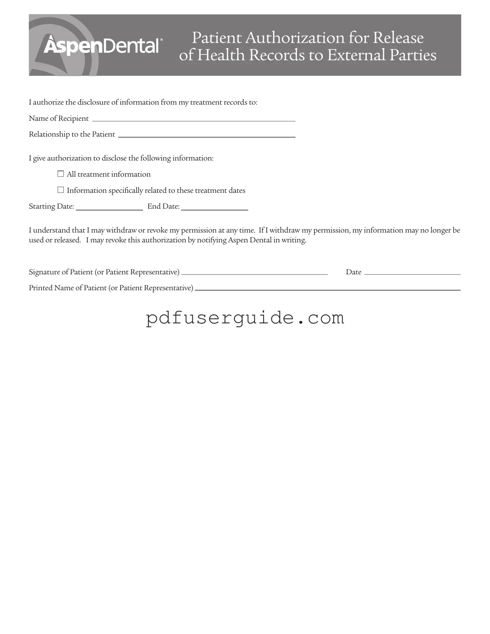 Free Aspen Dental Health Information Release Form in PDF