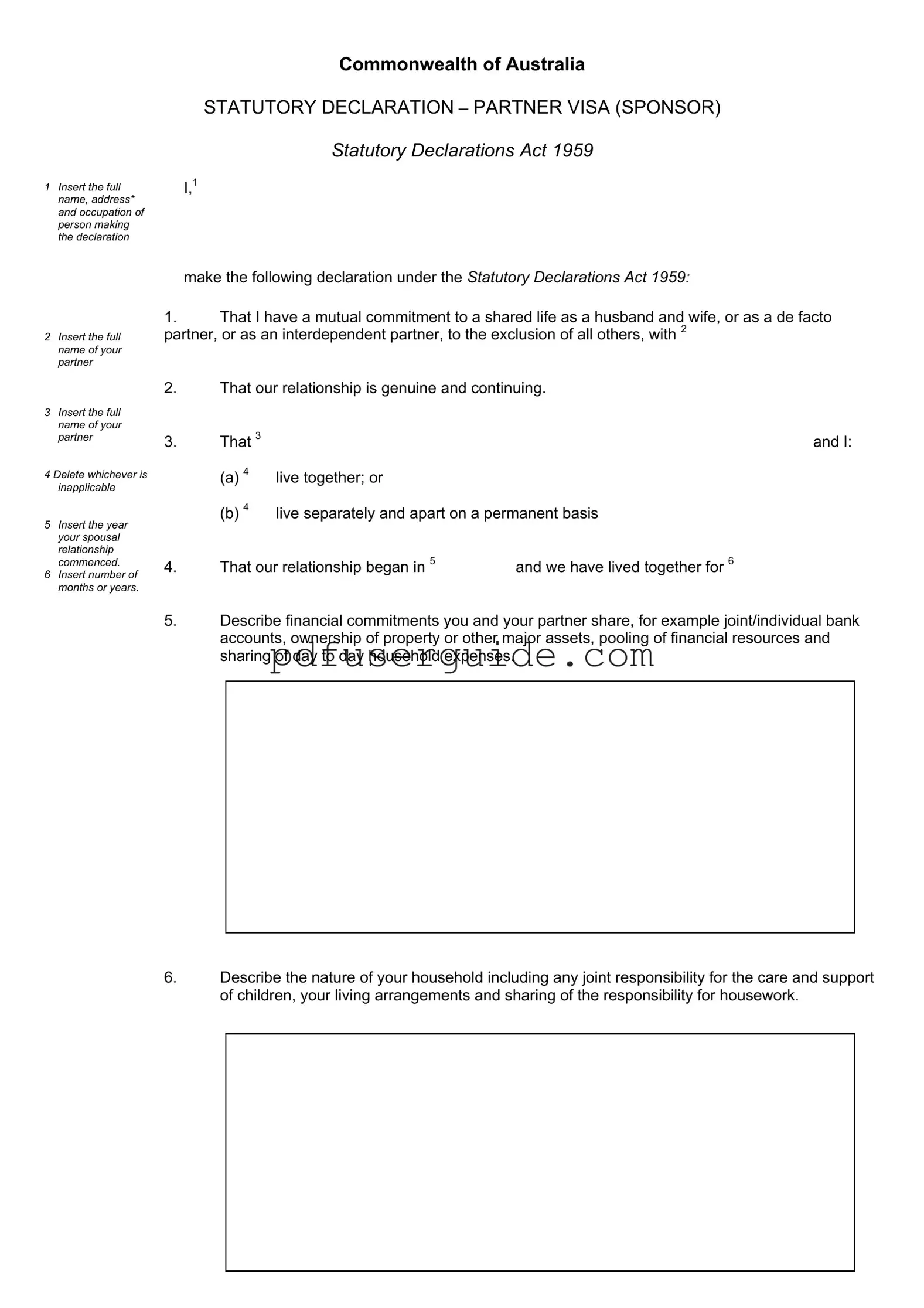 Free Australia Statutory Declaration Partner Visa Form in PDF