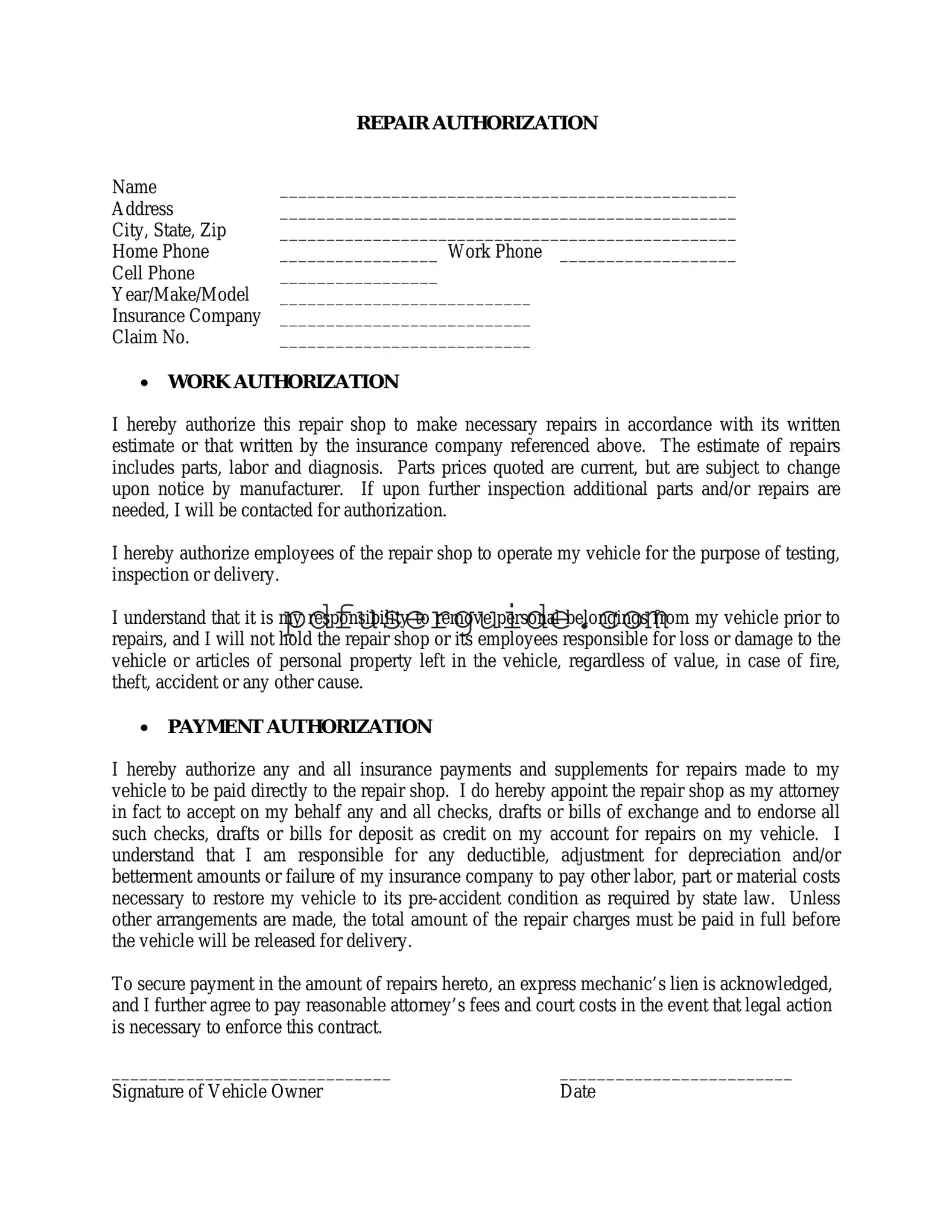 Free Authorization Repair Form in PDF