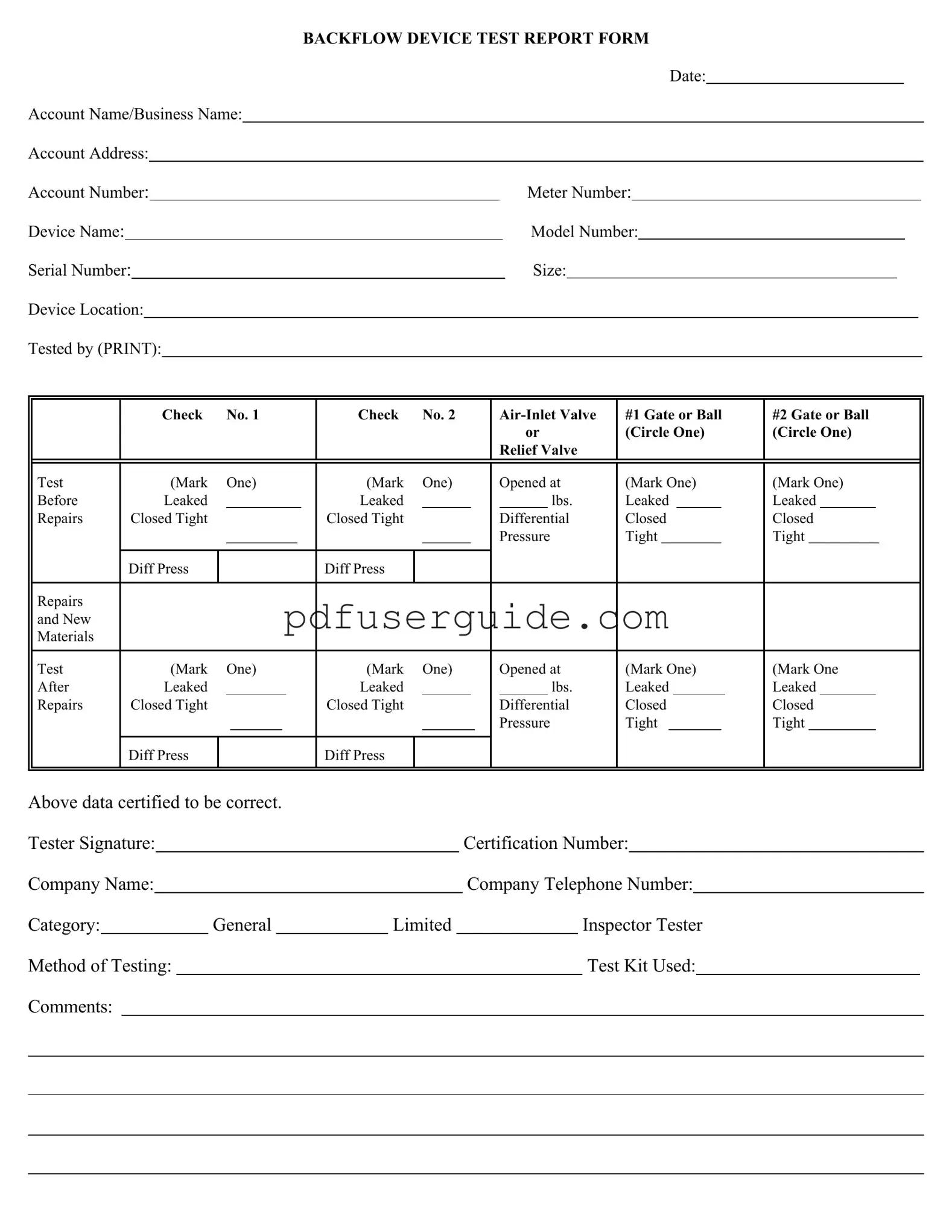 Free Backflow Test Report Form in PDF