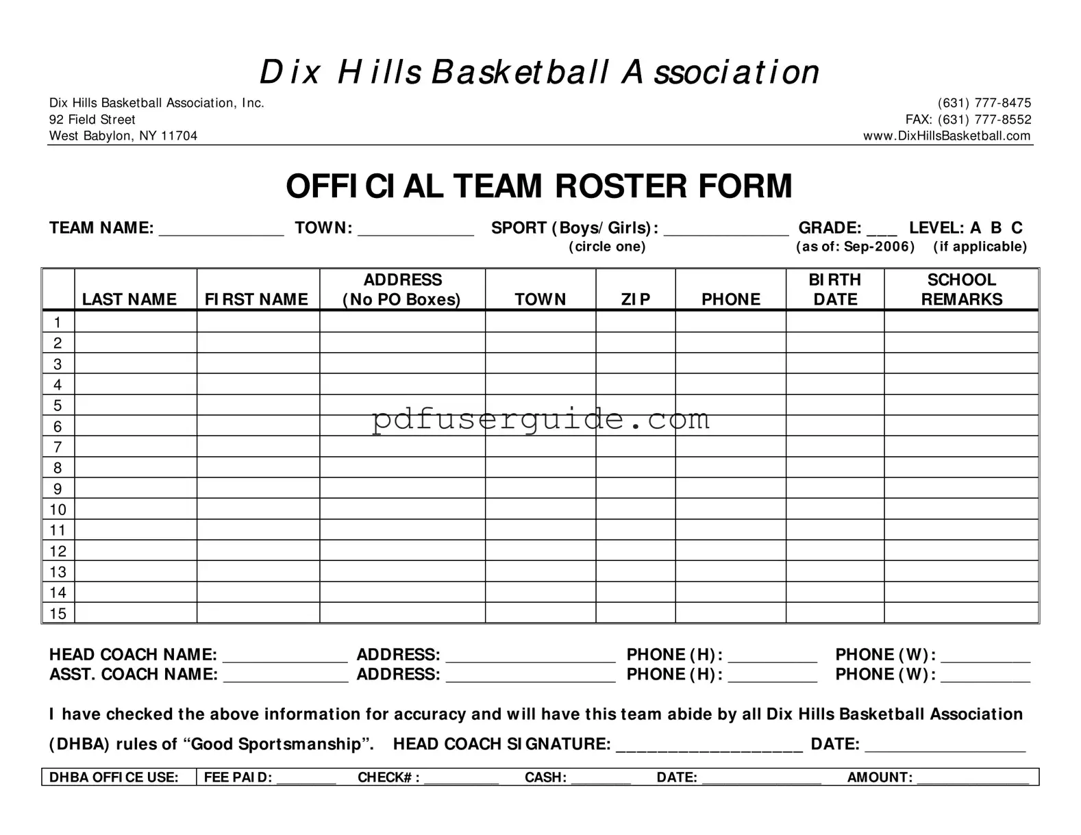 Free Basketball Roster Form in PDF