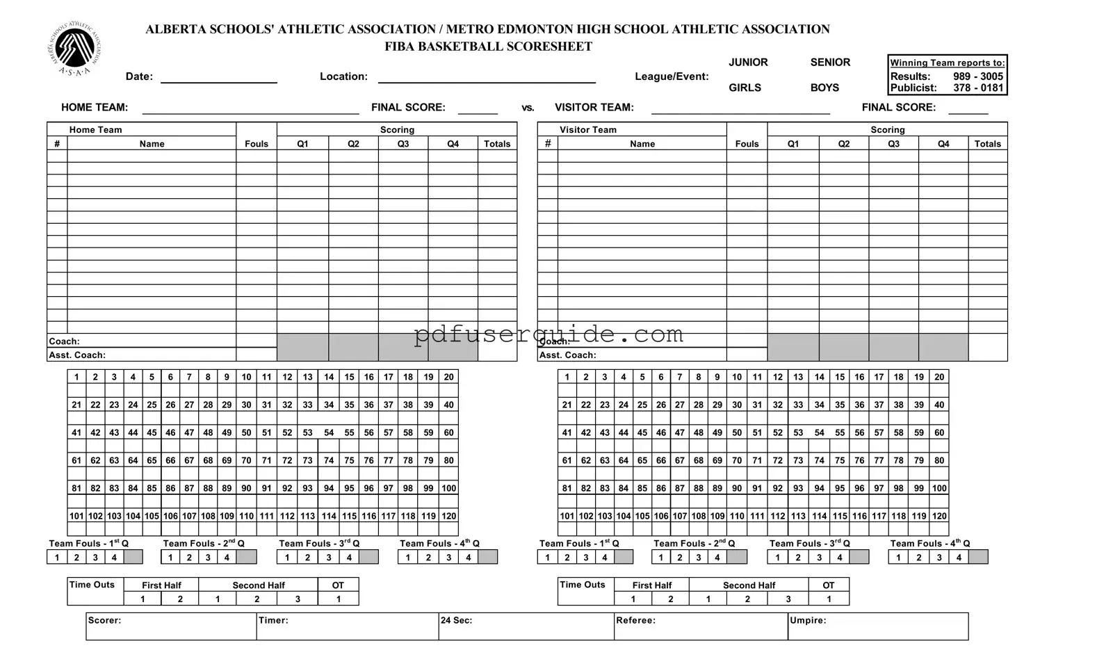 Free Basketball Scoresheet Form in PDF