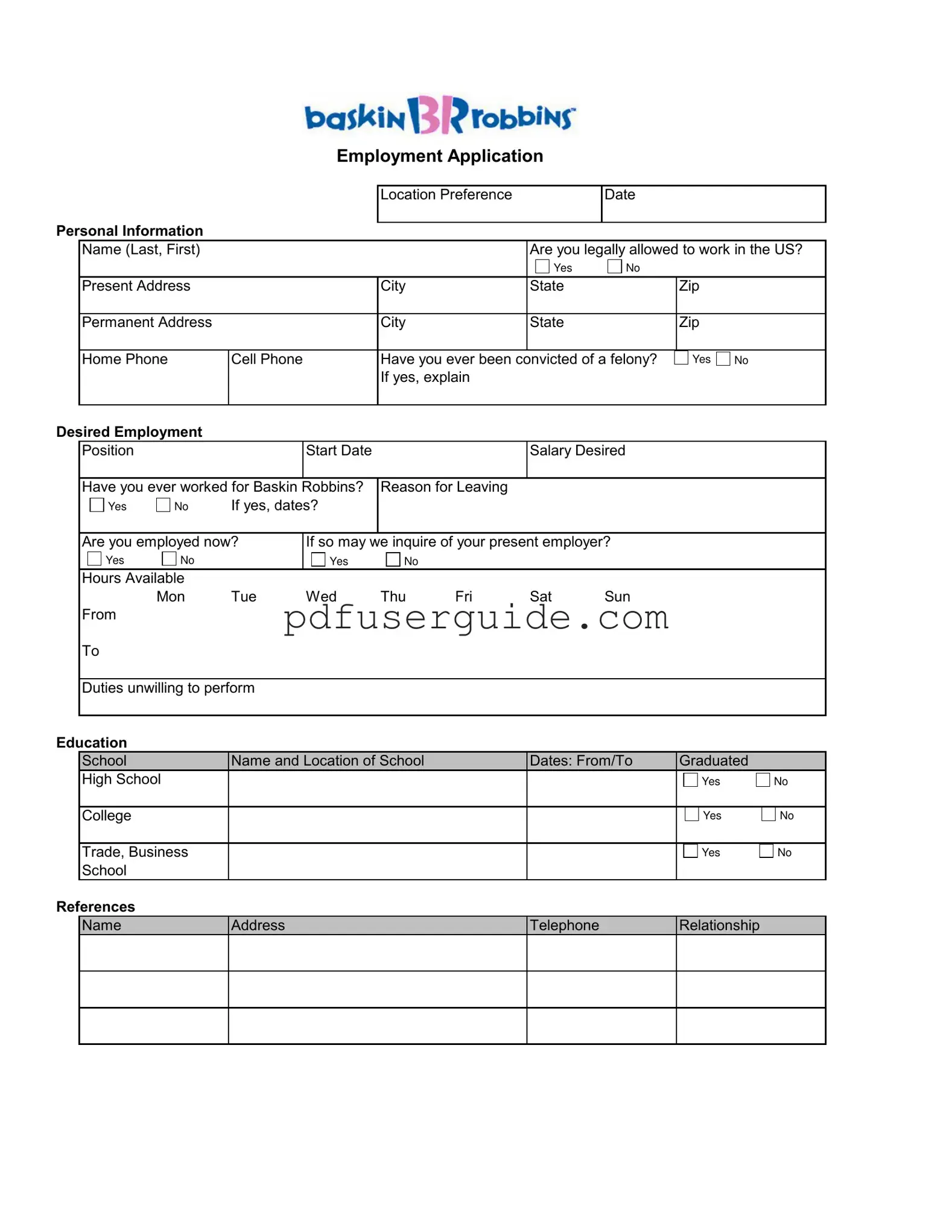 Free Baskin Robbins Job Form in PDF