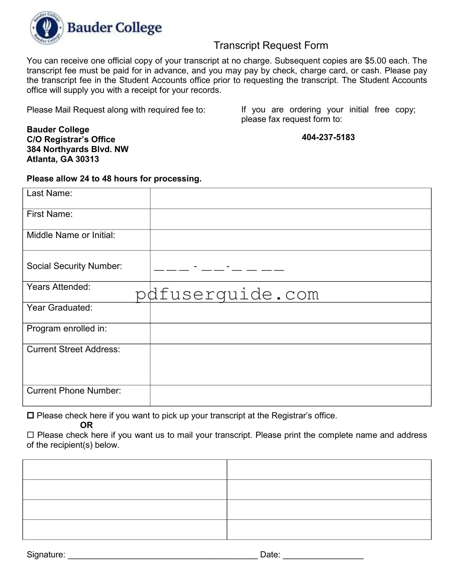 Free Bauder College Transcript Form in PDF