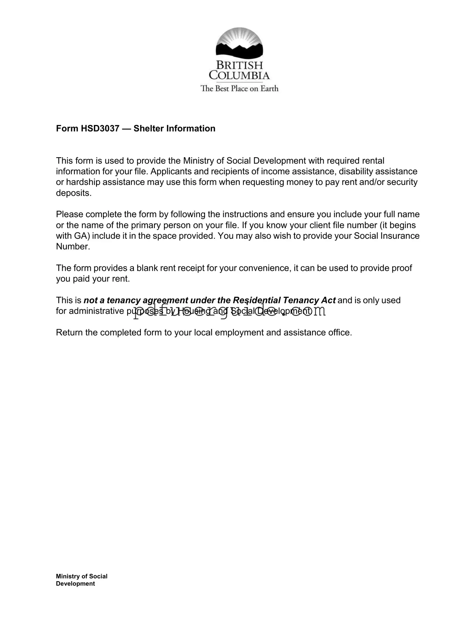 Free Bc Shelter Information Form in PDF
