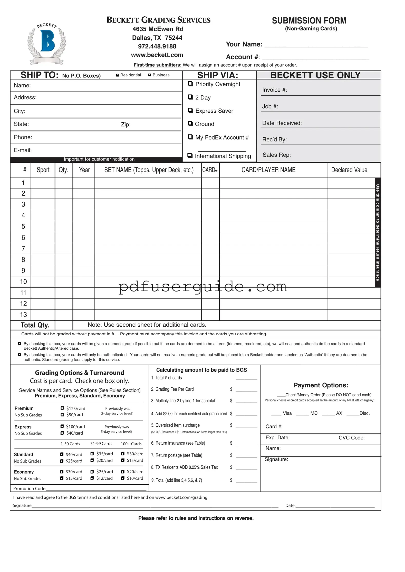 Free Beckett Grading Form in PDF