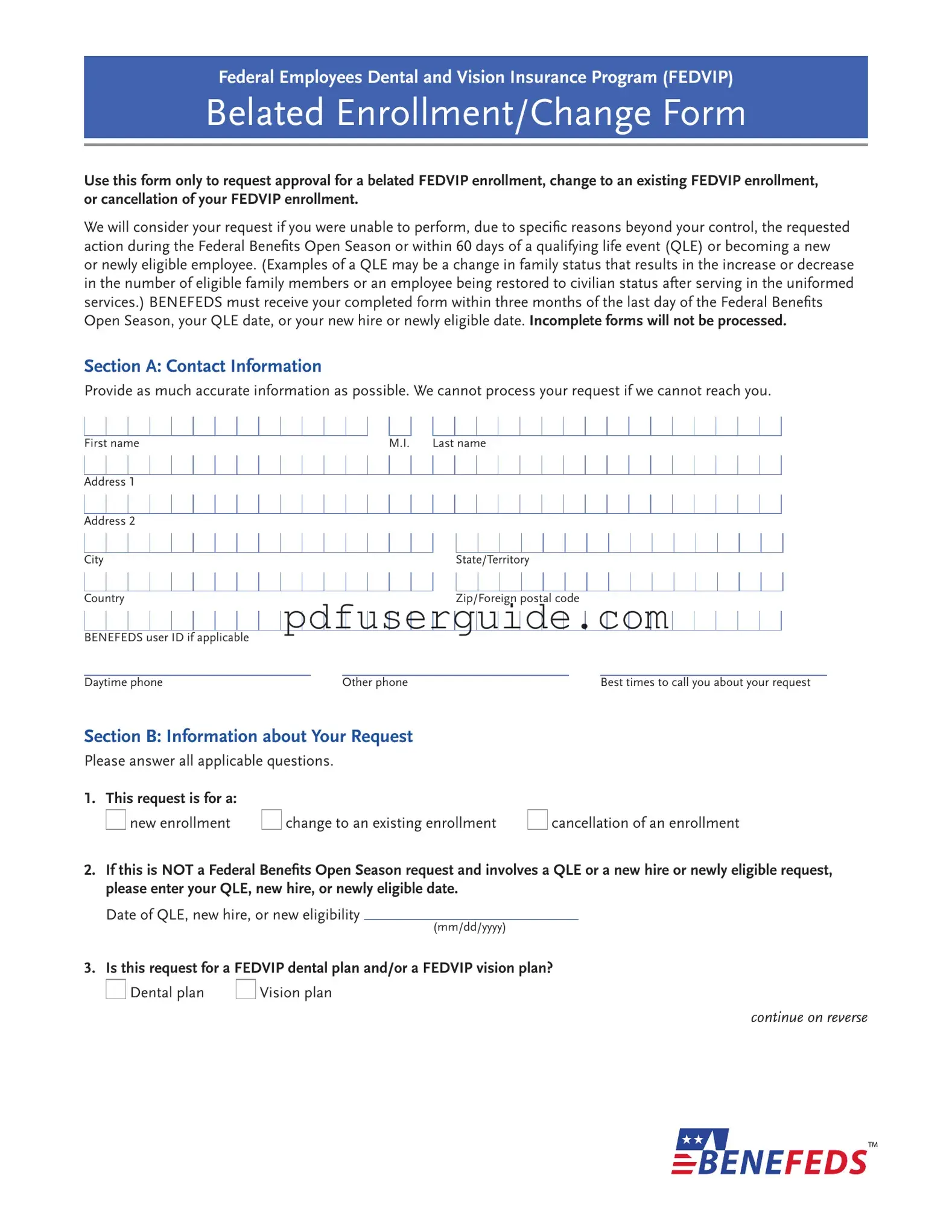 Free Benefeds Belated Enrollment Form in PDF