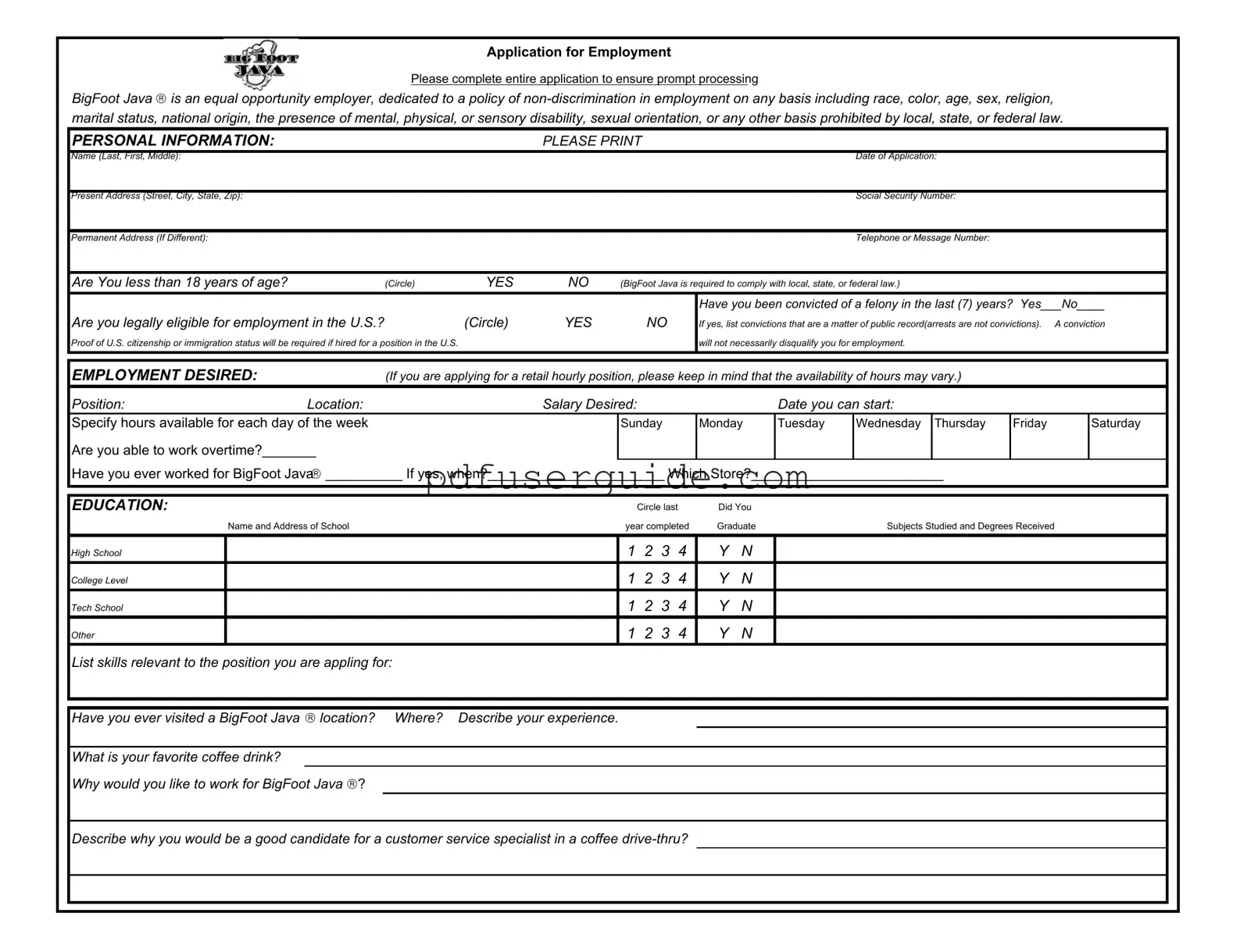 Free Bigfoot Java Application Form in PDF