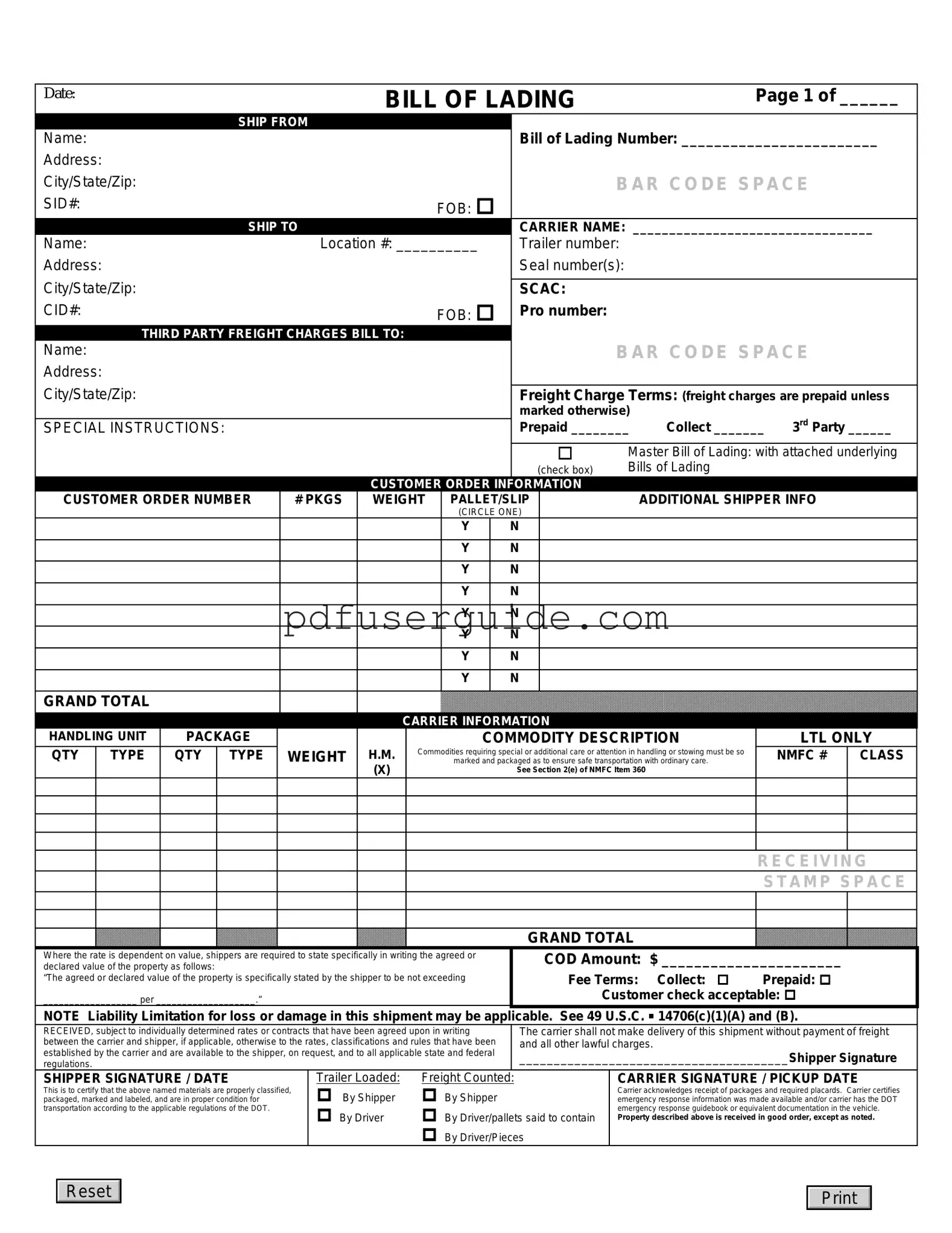 Free Bill Of Lading Form in PDF