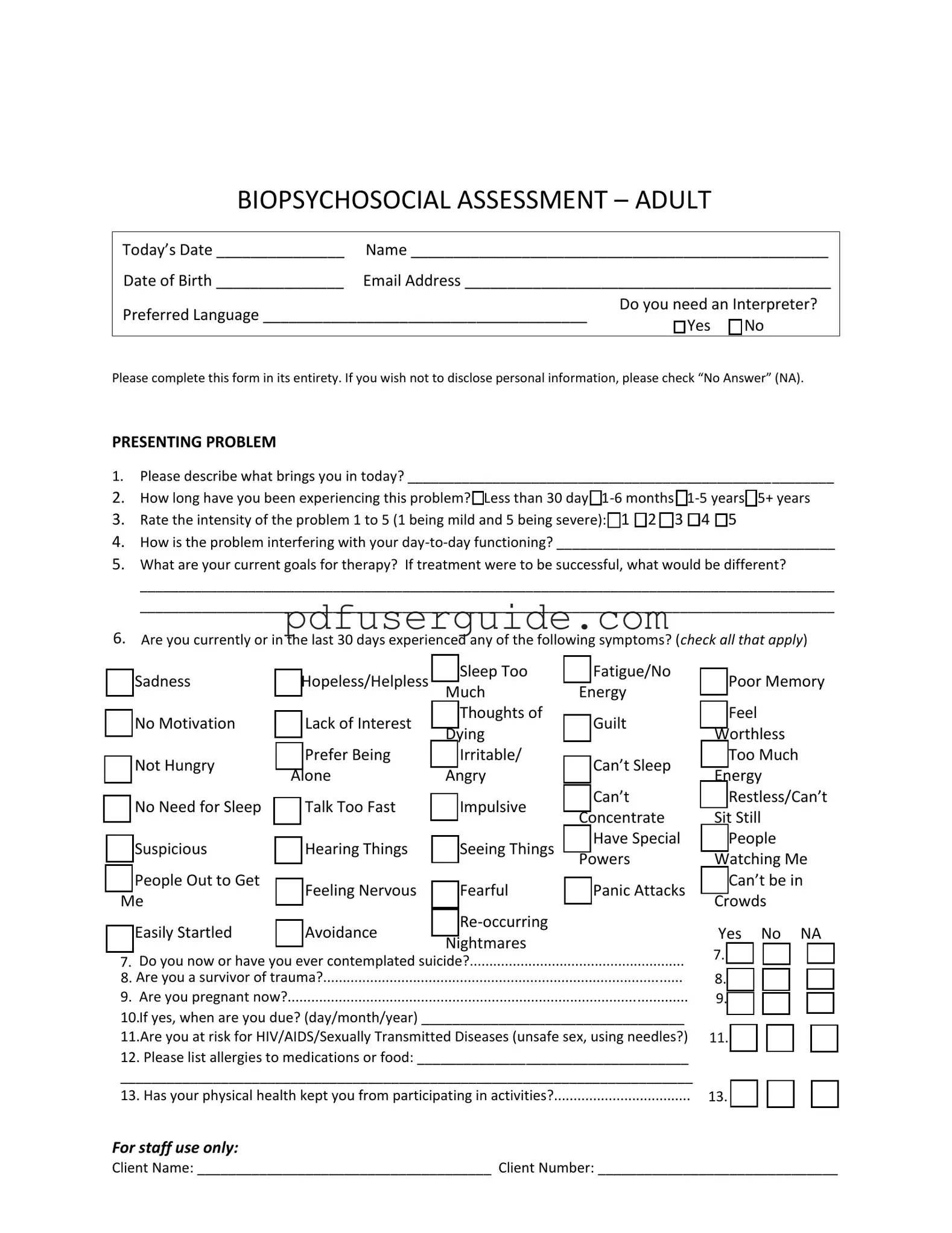 Free Biopsychosocial Assessment Social Work Form in PDF