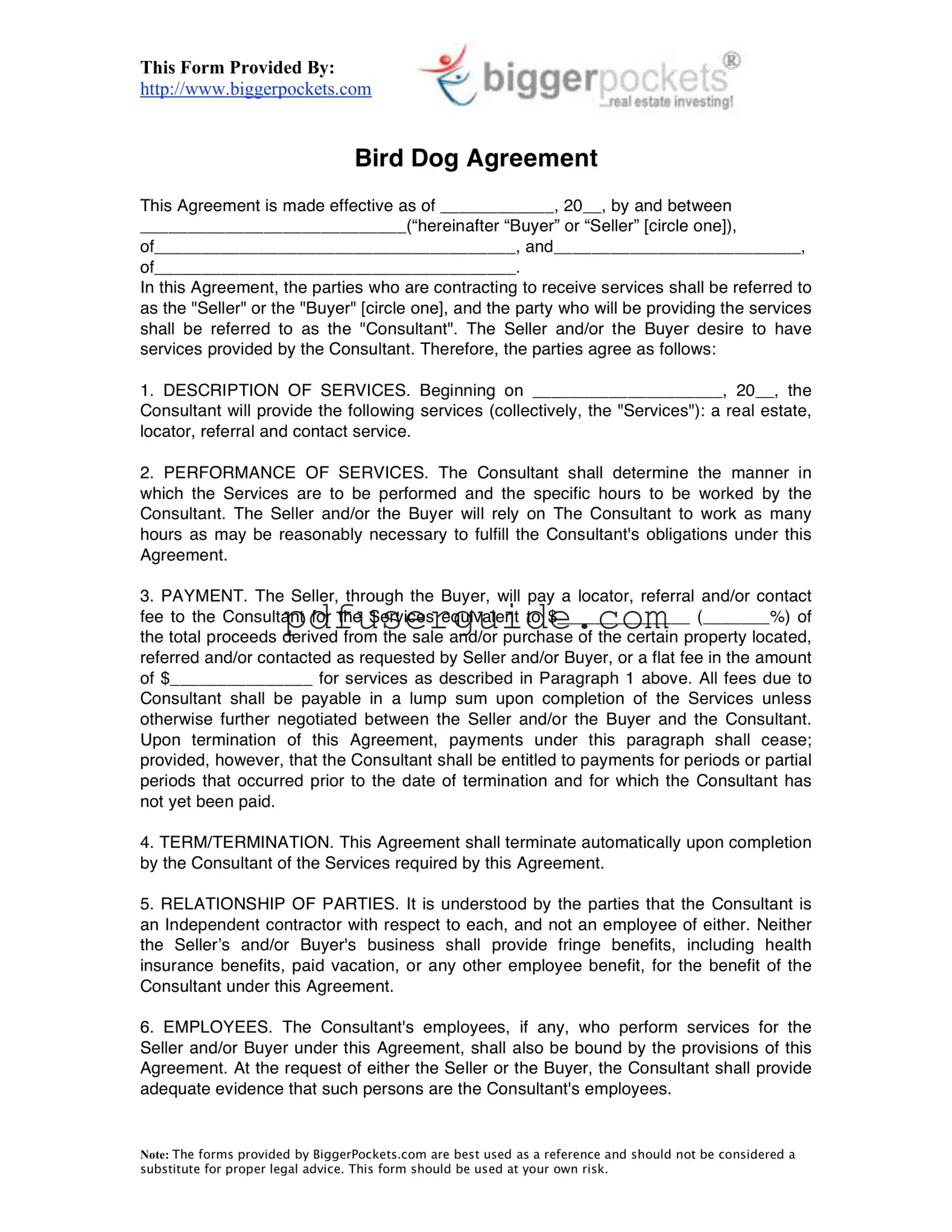 Free Bird Dog Agreement Form in PDF