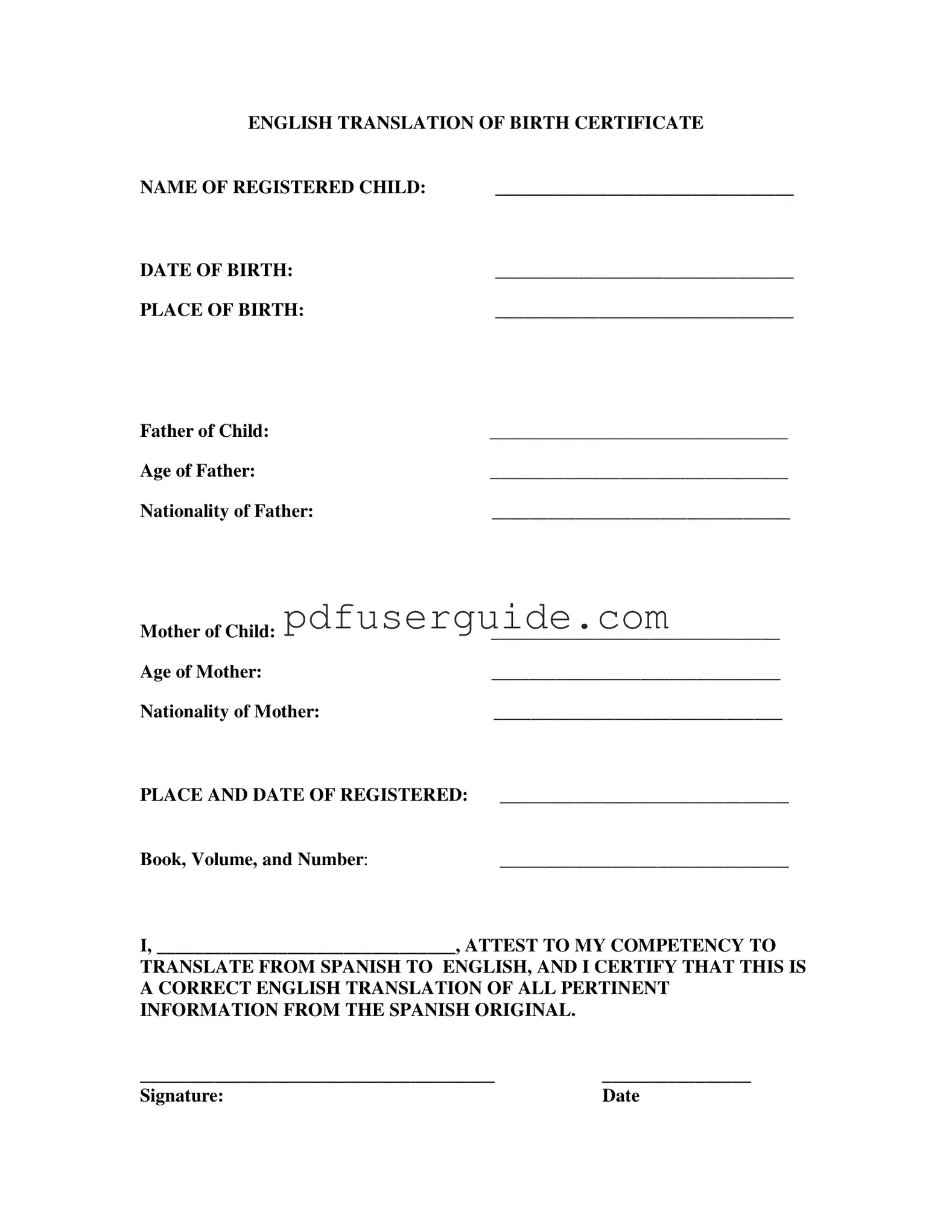 Free Birth Certificate Translation To English Form in PDF