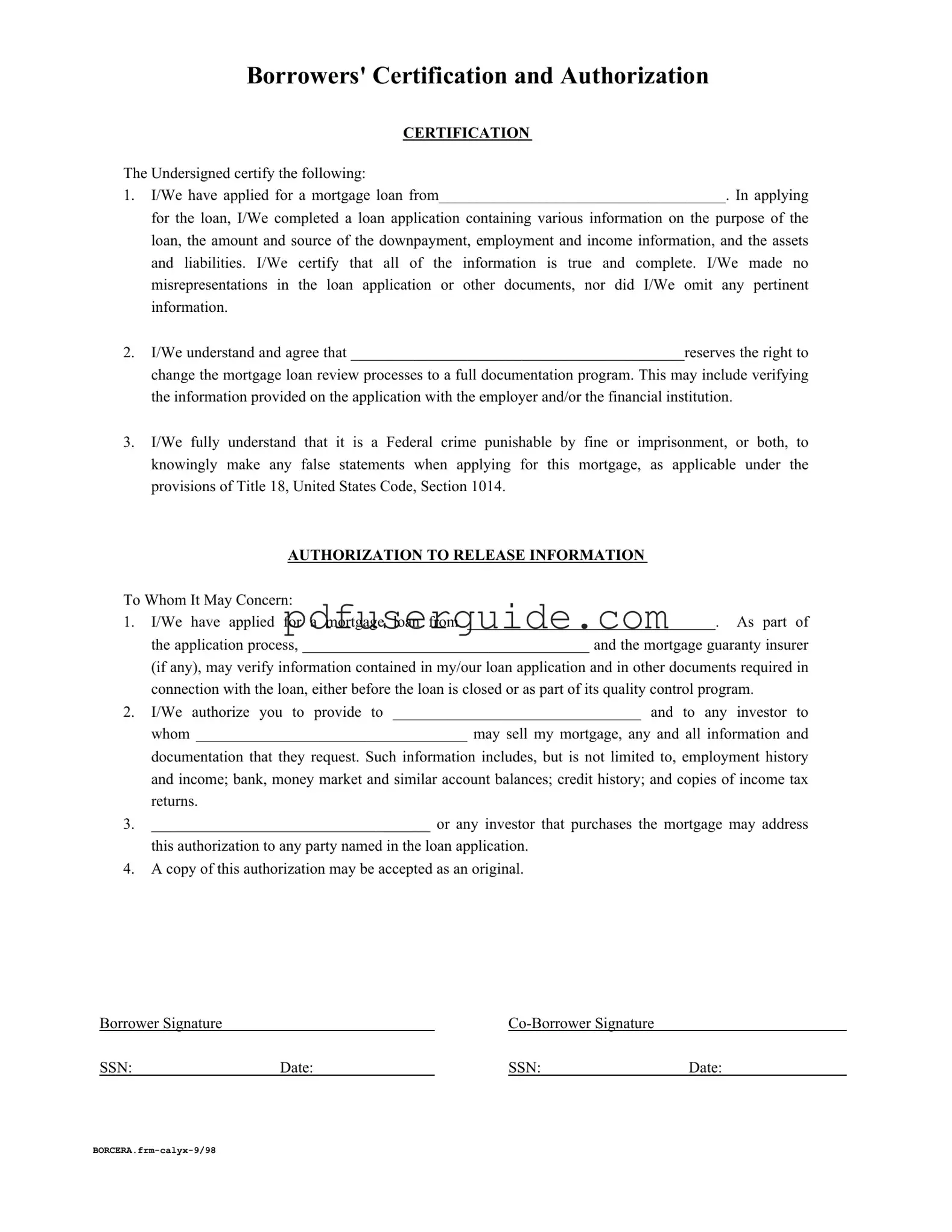 Free Borrowers Certification Authorization Form in PDF