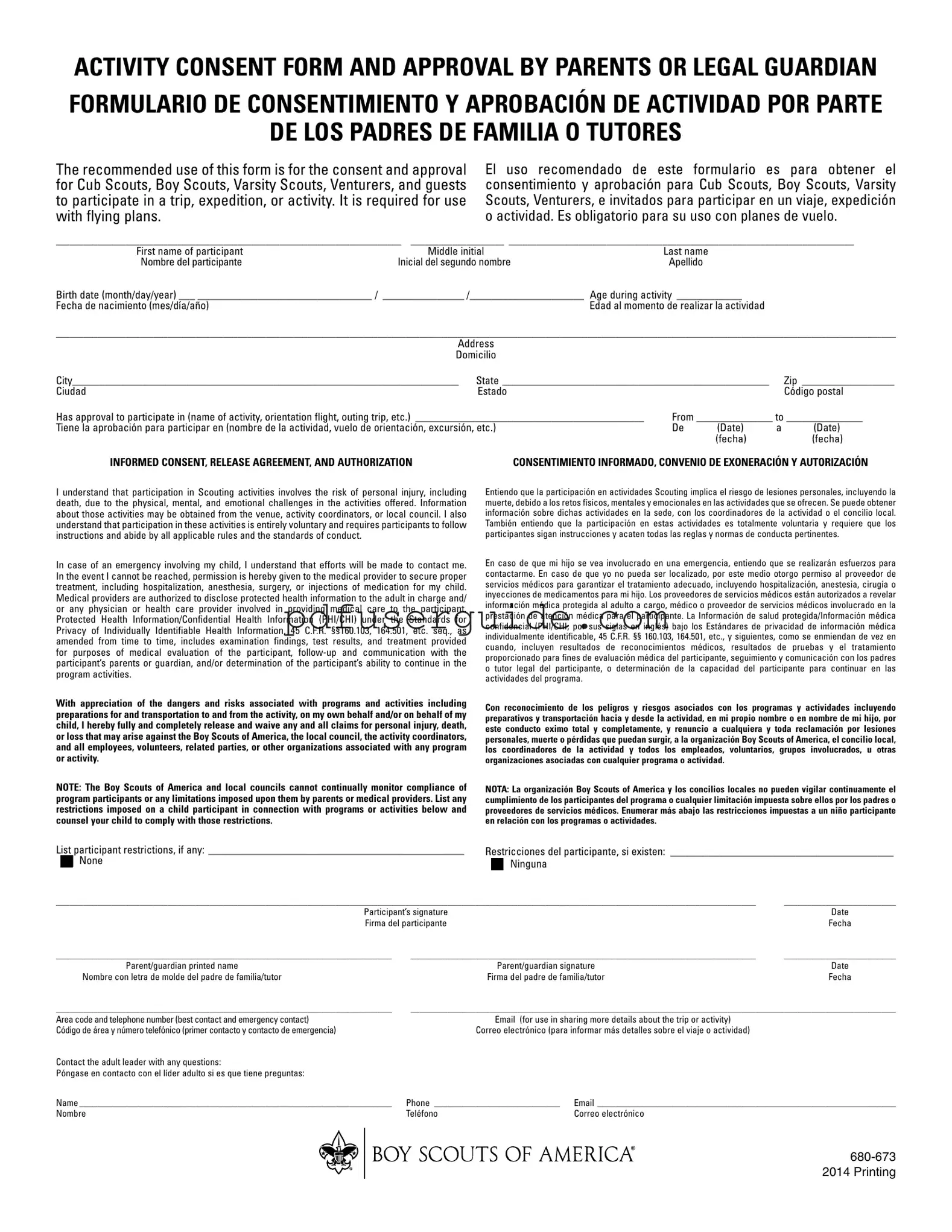 Free BSA Permission Slip Form in PDF