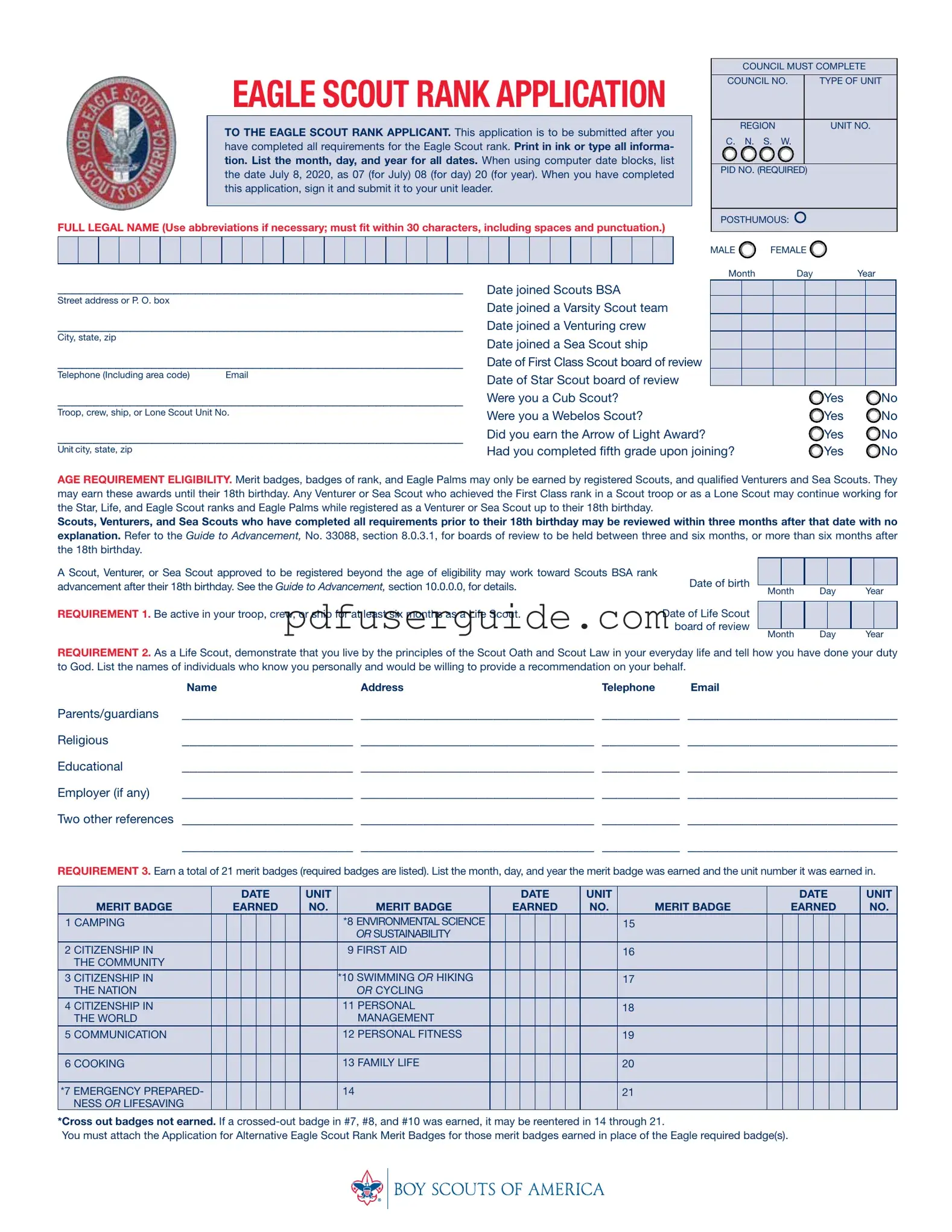 Free Eagle scout rank application Form in PDF