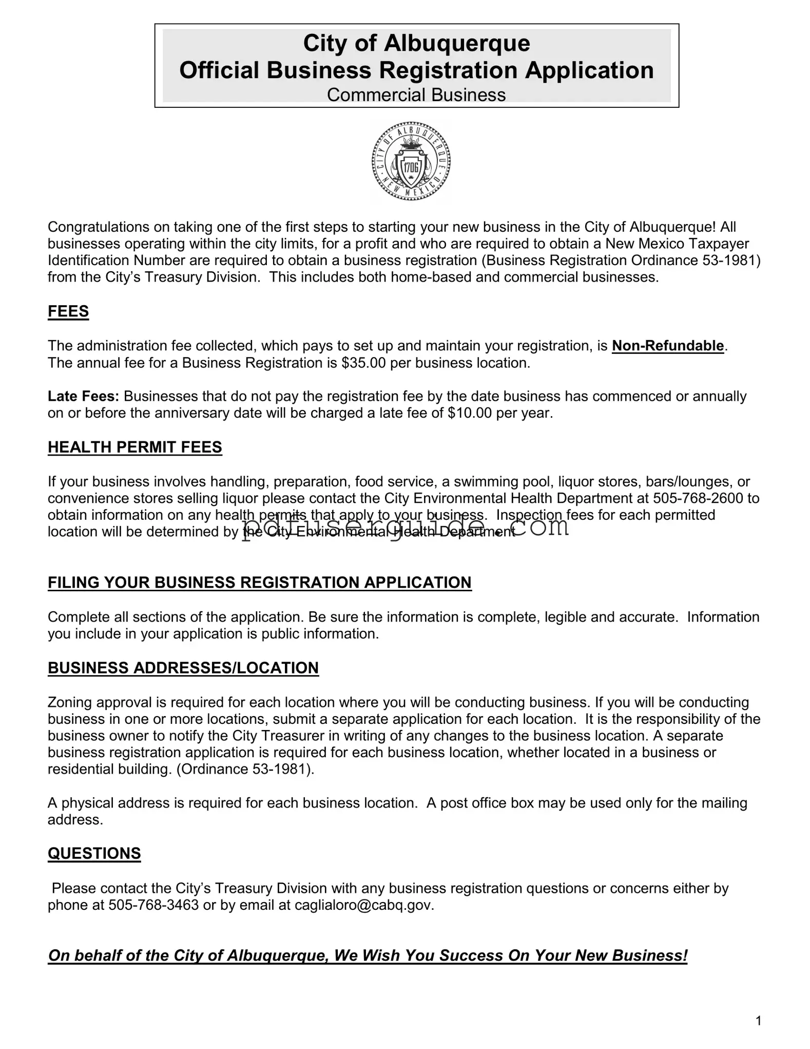 Free Business Registration Albuquerque Form in PDF