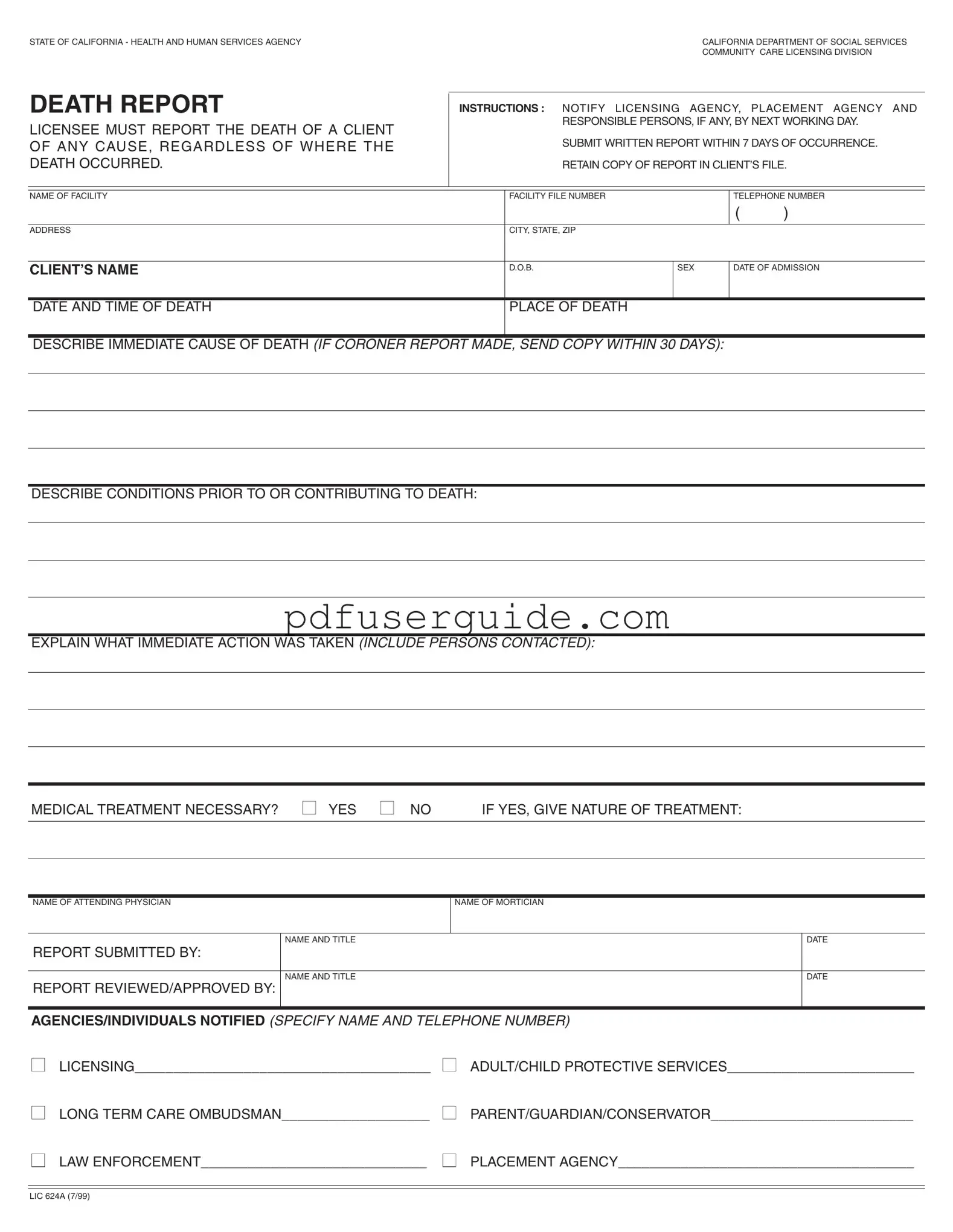 Free Ca Death Report Form in PDF